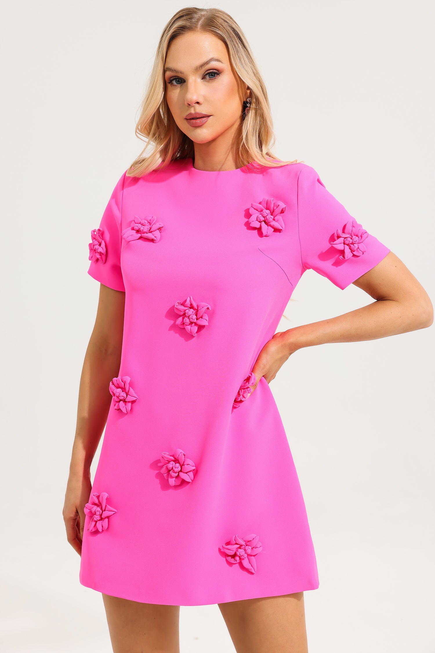 3D Floral Short Sleeve Mini Dress - Women's Summer Party Cocktail Dress for Beach Vacation & Date Night