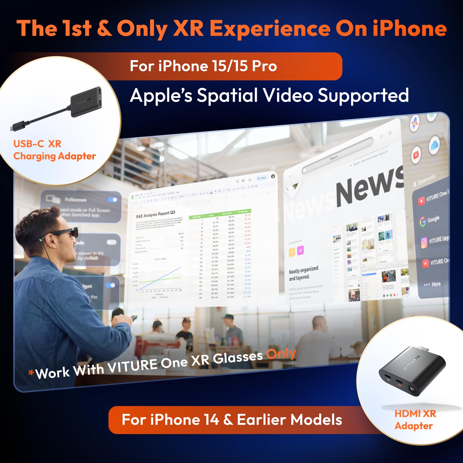 VITURE One XR Glasses with USB-C iPhone Adapter - 3DoF VR Headset for iPhone 16/15 | Spatial Video, Multi-Screen Display, 1-Click 3D | Charge & Play Gaming Glasses for Mobile VR Entertainment