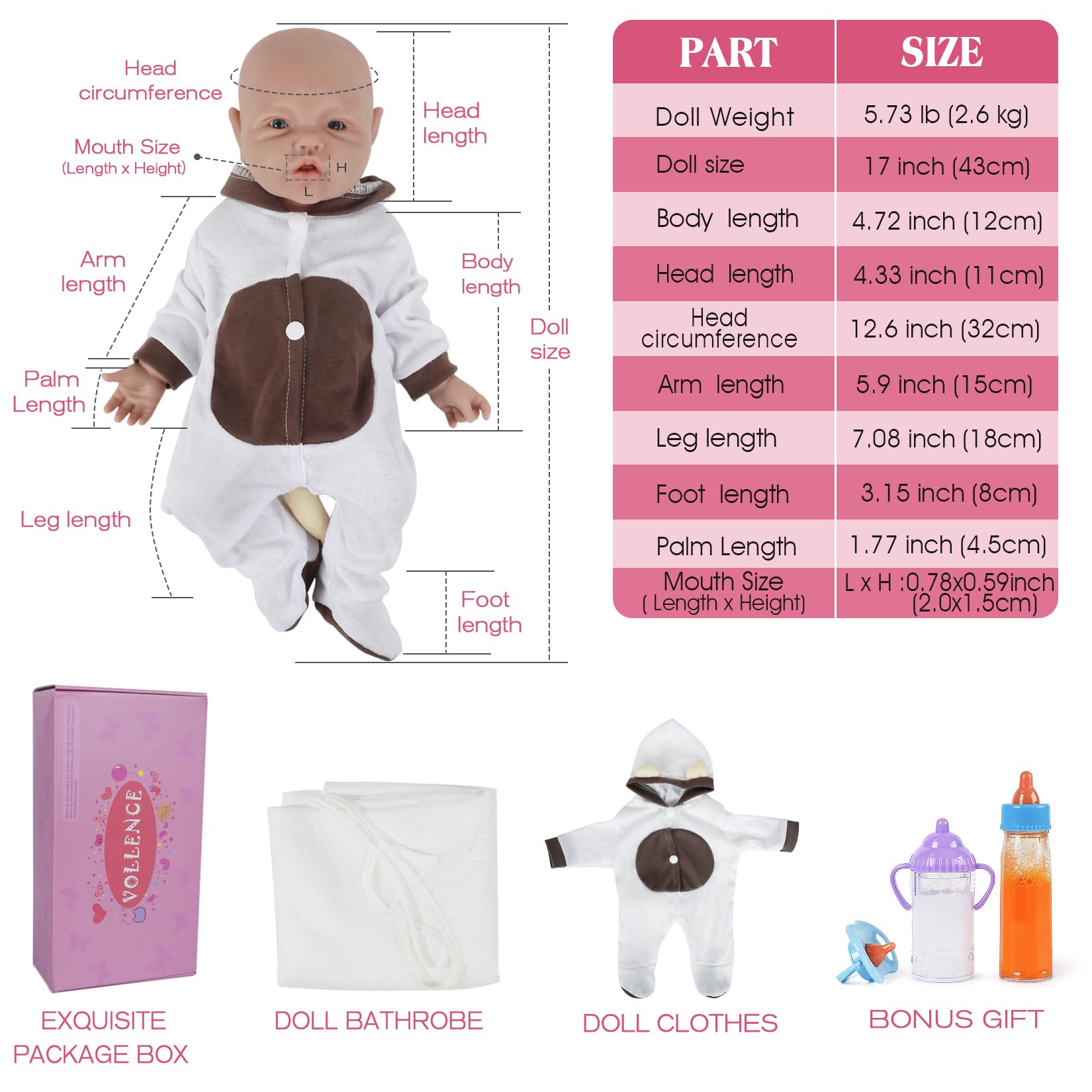 Vollence 17 Inch Realistic Full Silicone Reborn Baby Doll - Lifelike Girl Doll with Soft Body, Perfect for Collectors, Gift Giving & Therapy Use