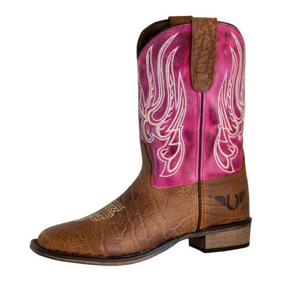 TuffRider Youth Western Boots - Pink Square Toe with Flame Embroidery for Girls | Perfect for Rodeo, Horse Riding & Country Fashion