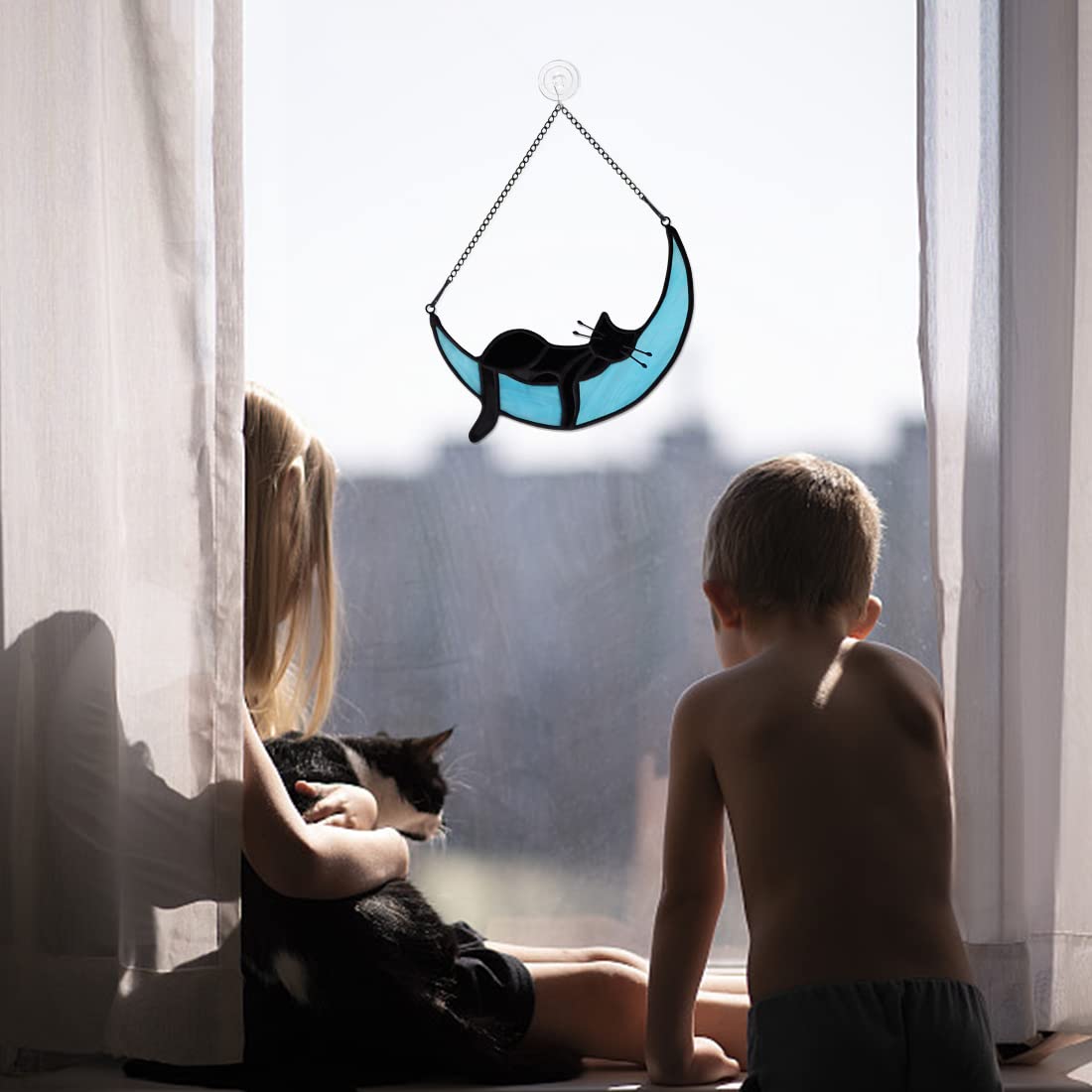 Handmade Black Cat Suncatcher - Stained Glass Window Hanging Decor with Sleeping Cat on Moon Design - Perfect Gift for Cat Lovers, Mothers, Grandmothers & Women - Ideal for Home, Office, Nursery or Garden Window Decorations