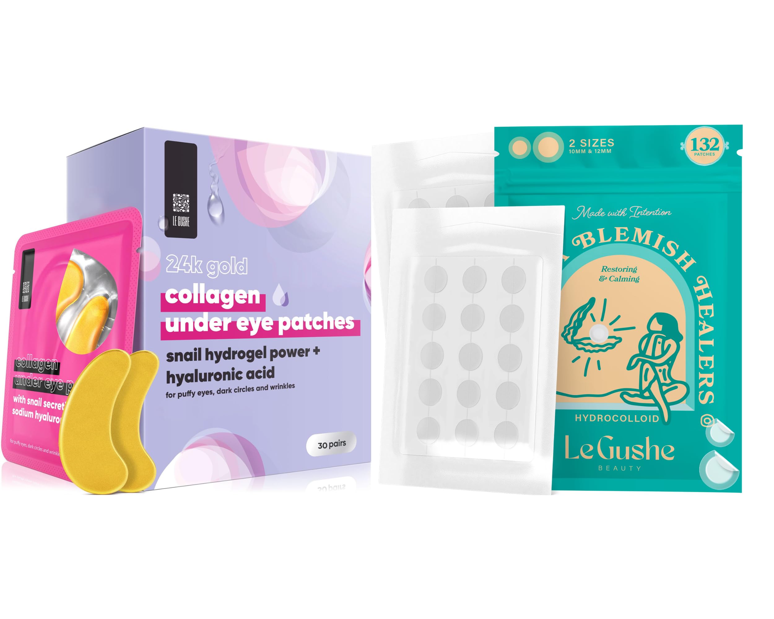 LE GUSHE Pimple Patches for Face (132 Count) & Under Eye Patches (30 Pairs) - Gold Collagen Eye Mask with Amino Acid for Wrinkles, Puffy Eyes & Dark Circles | Cooling Eye Care Treatment for Acne & Skincare Routine | Perfect for Nighttime Use & Travel