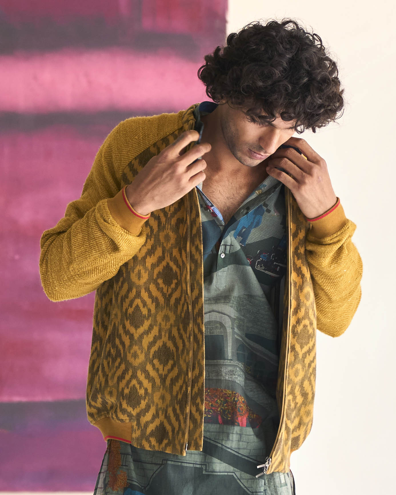 Jaanbaaz Bomber Jacket - Cotton Eri Silk Mustard Ikat Print - Stylish Lightweight Coat for Men & Women - Perfect for Casual Wear, Street Fashion & Fall Layering