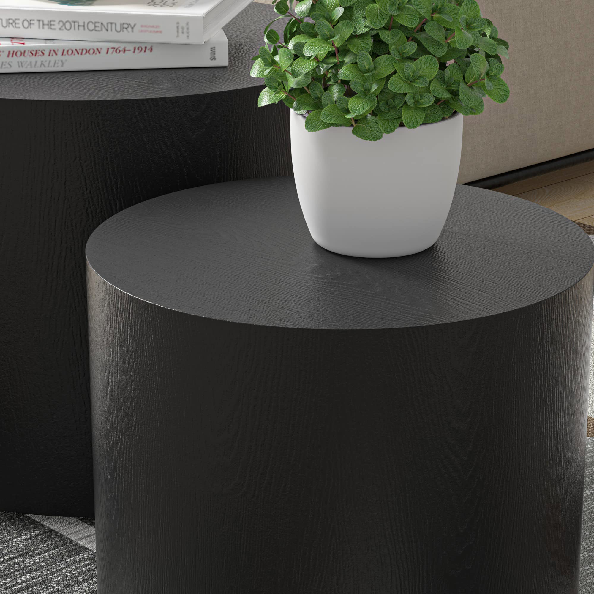 Modern Round Wooden Nesting Tables Set of 2 - Black Coffee & End Tables for Small Spaces | Perfect for Living Room, Bedroom & Office