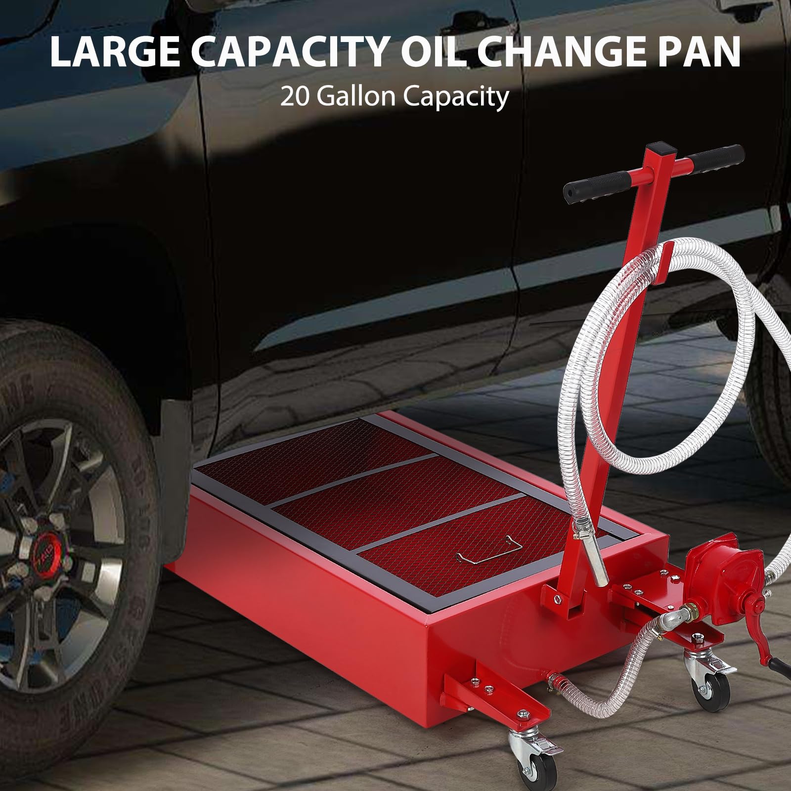 **20 Gallon (76L) Low Profile Oil Drain Pan with Manual Pump & Wheels - Heavy Duty Oil Change Pan for Cars, SUVs, Trucks - Includes 8FT Hose & Foldable Handle for Easy Transport & Storage**    *(Perfect for DIY Oil Changes, Auto Shops, and Quick Garage Maintenance)*