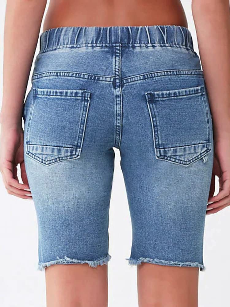Atditama Women's Mid Rise Ripped Stretchy Bermuda Jean Shorts - Frayed Raw Hem Denim Shorts for Casual Wear | Perfect for Summer Outfits, Beach Vacations & Street Style Fashion