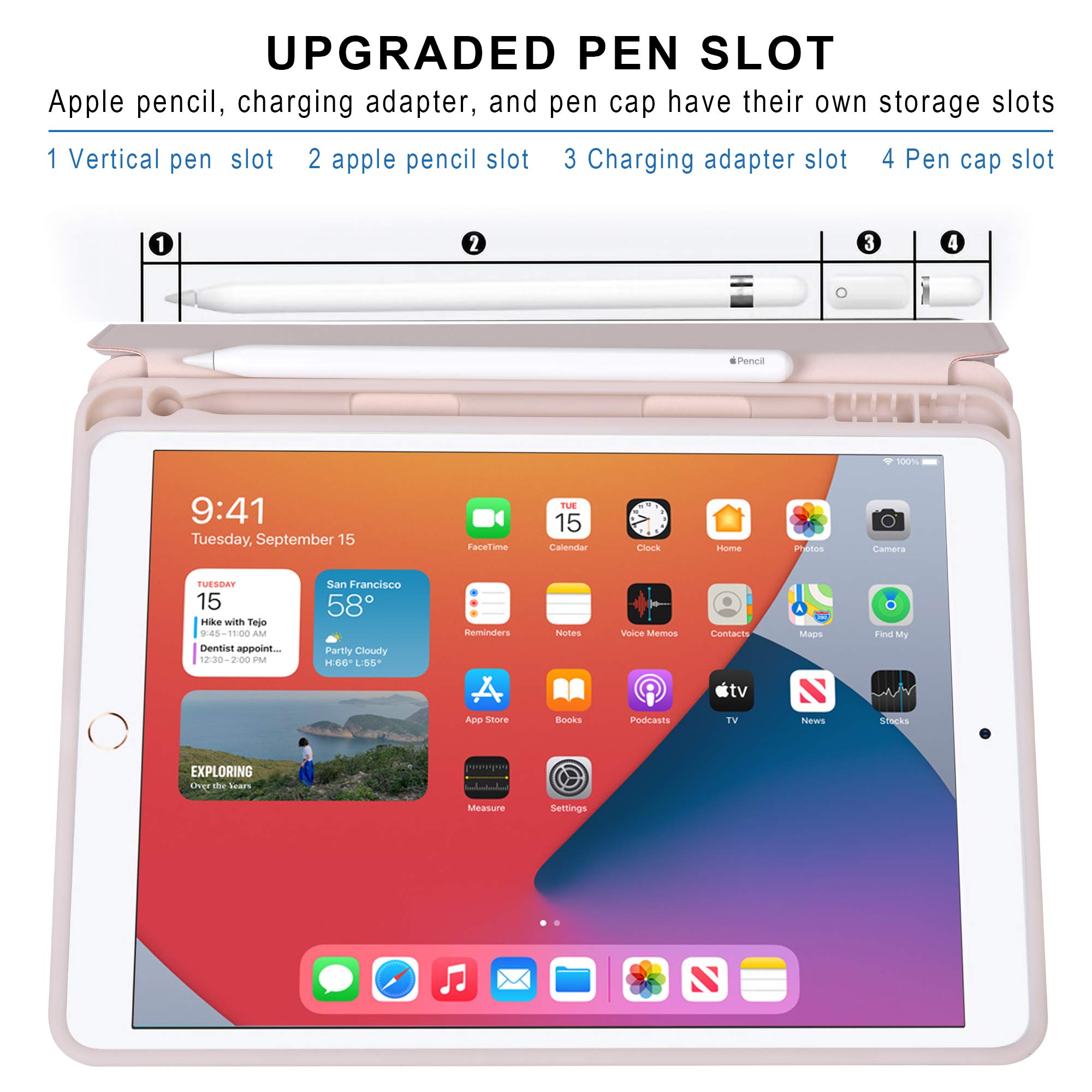 Arae iPad 10.2 inch Case Compatible with iPad 9th/8th/7th Generation (2021/2020/2019) - Auto Wake/Sleep, Pencil Holder, Adjustable Stand Cover in Rose Gold - Perfect for Work, Study & Travel
