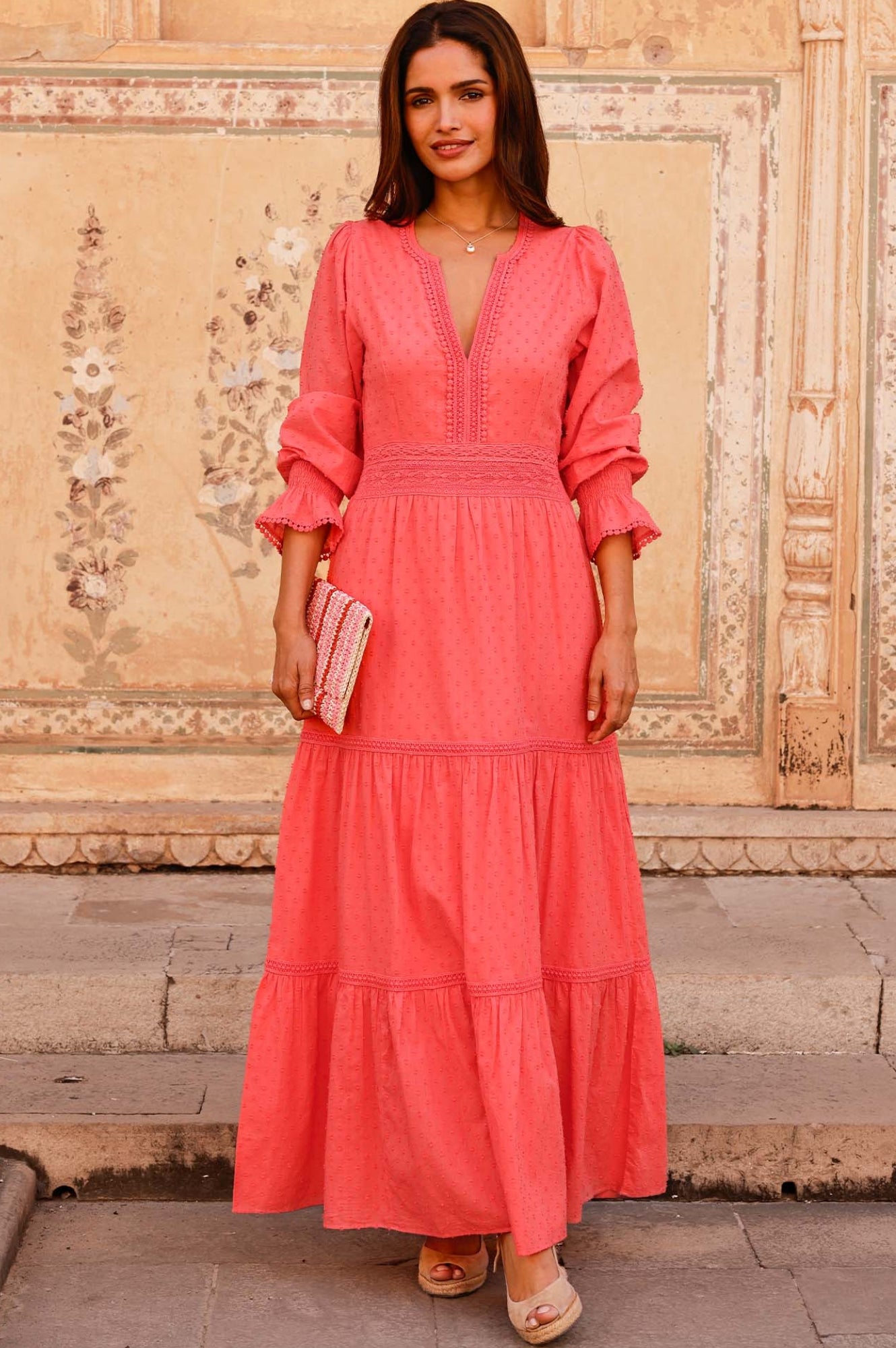 Organic Cotton Dobby Dress for Women | Breathable Summer Casual Dress in Coral | Perfect for Beach Outings, Brunch Dates & Vacation Wear