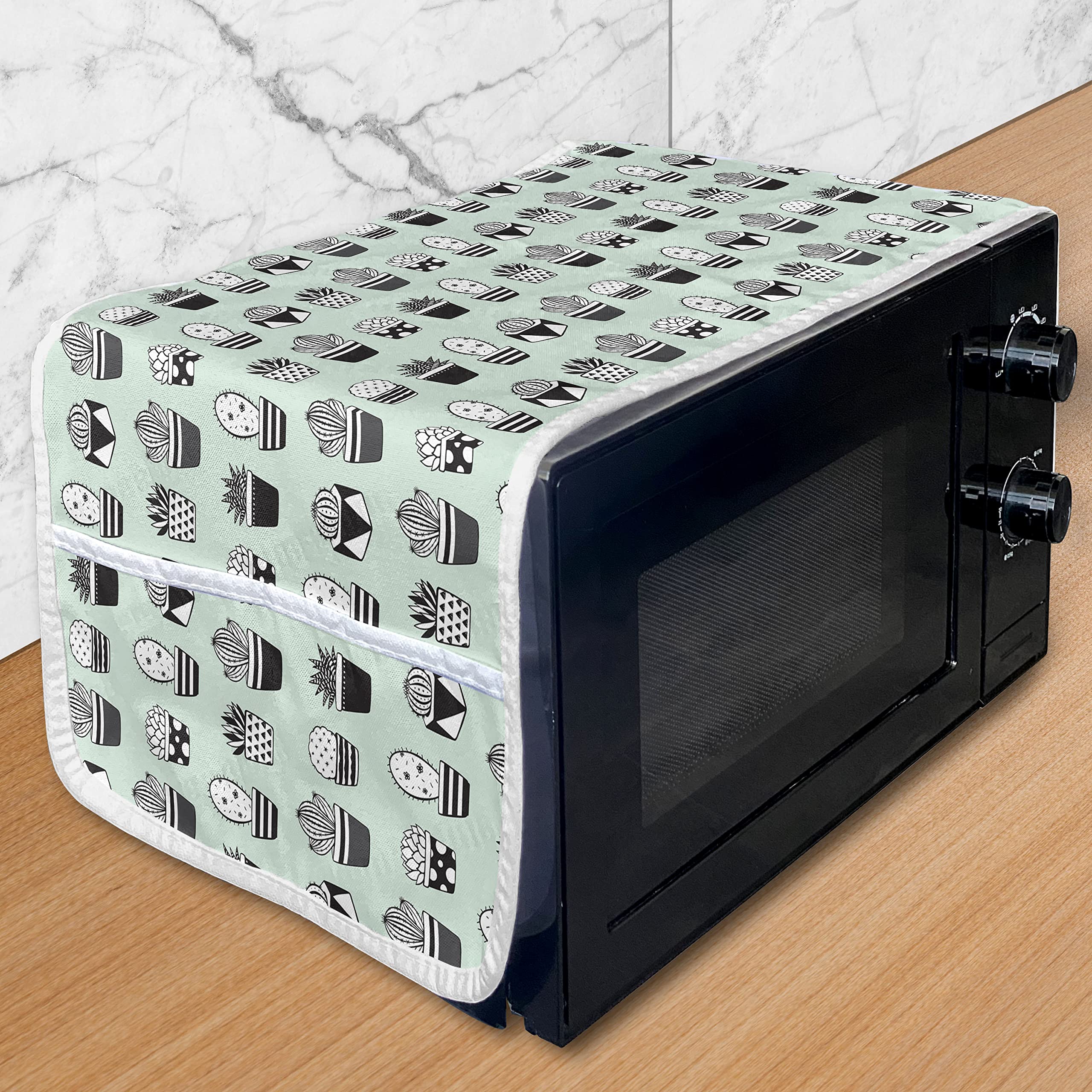 Ambesonne Microwave Cover - Cactus Design with Geometric Patterns, Polka Dots & Stripes | Waterproof Kitchen Organizer with Pockets | 36