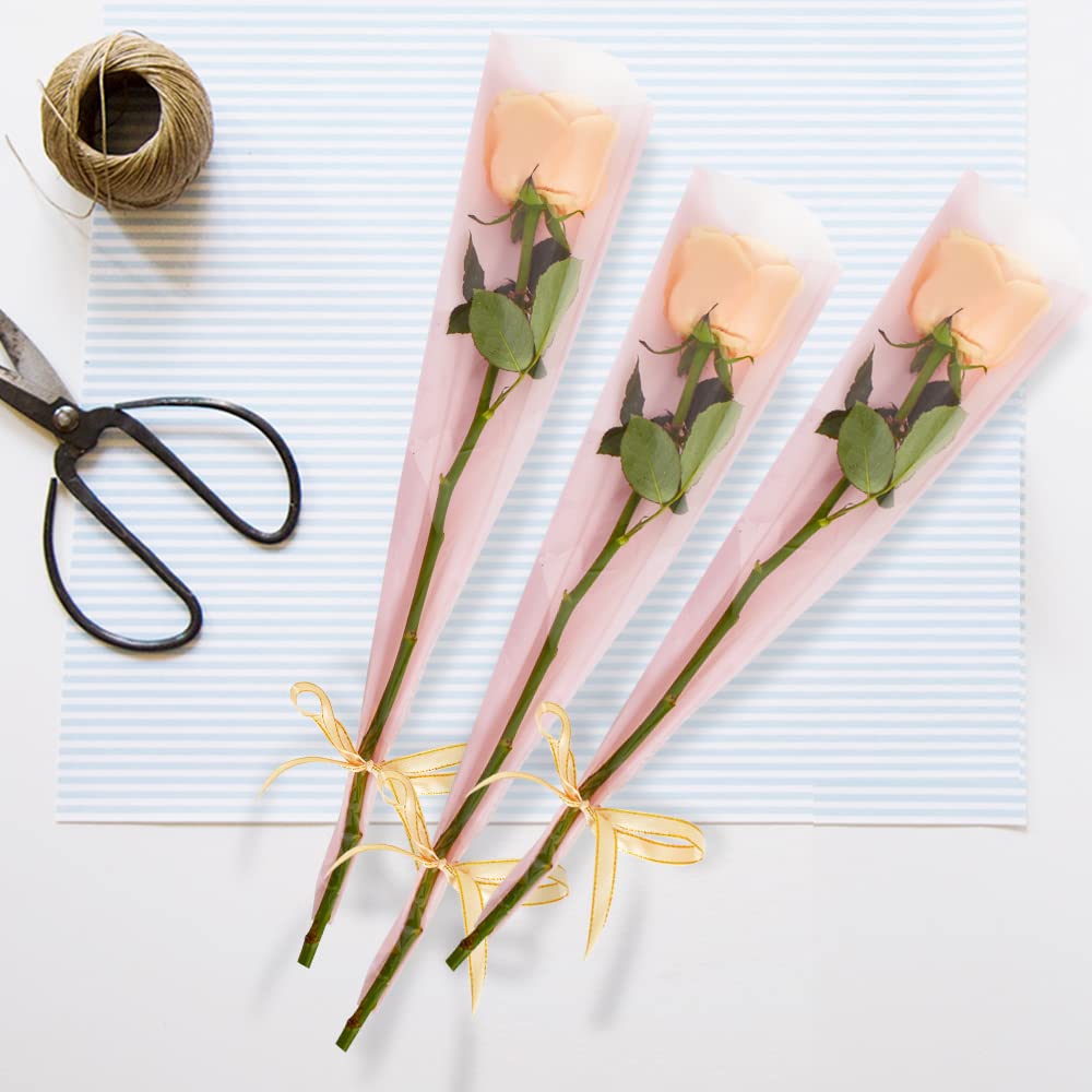 BEISHIDA 100 PCS Pink Matte Single Rose Sleeve Bouquet Bags - Plastic Flower Wrapping for Wedding, Birthday, Mother's Day, Graduation, Valentine's Day - Perfect for Floral Arrangements, Gift Packaging & Party Decorations
