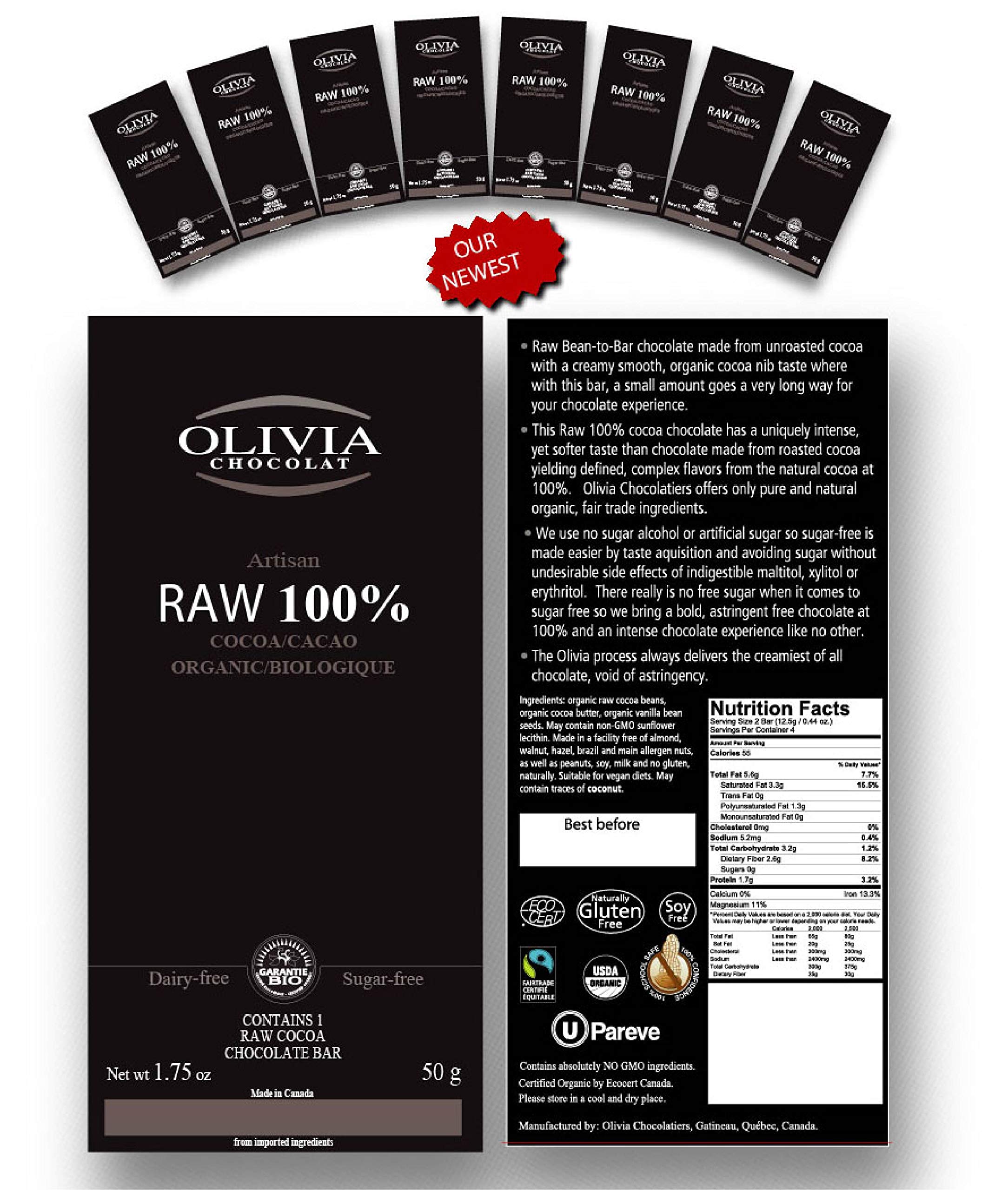 Olivia 100% Raw Chocolate Bars - Case of 16 Bars | Organic, Vegan & Gluten-Free Snacks for Gifts, Parties & Healthy Desserts