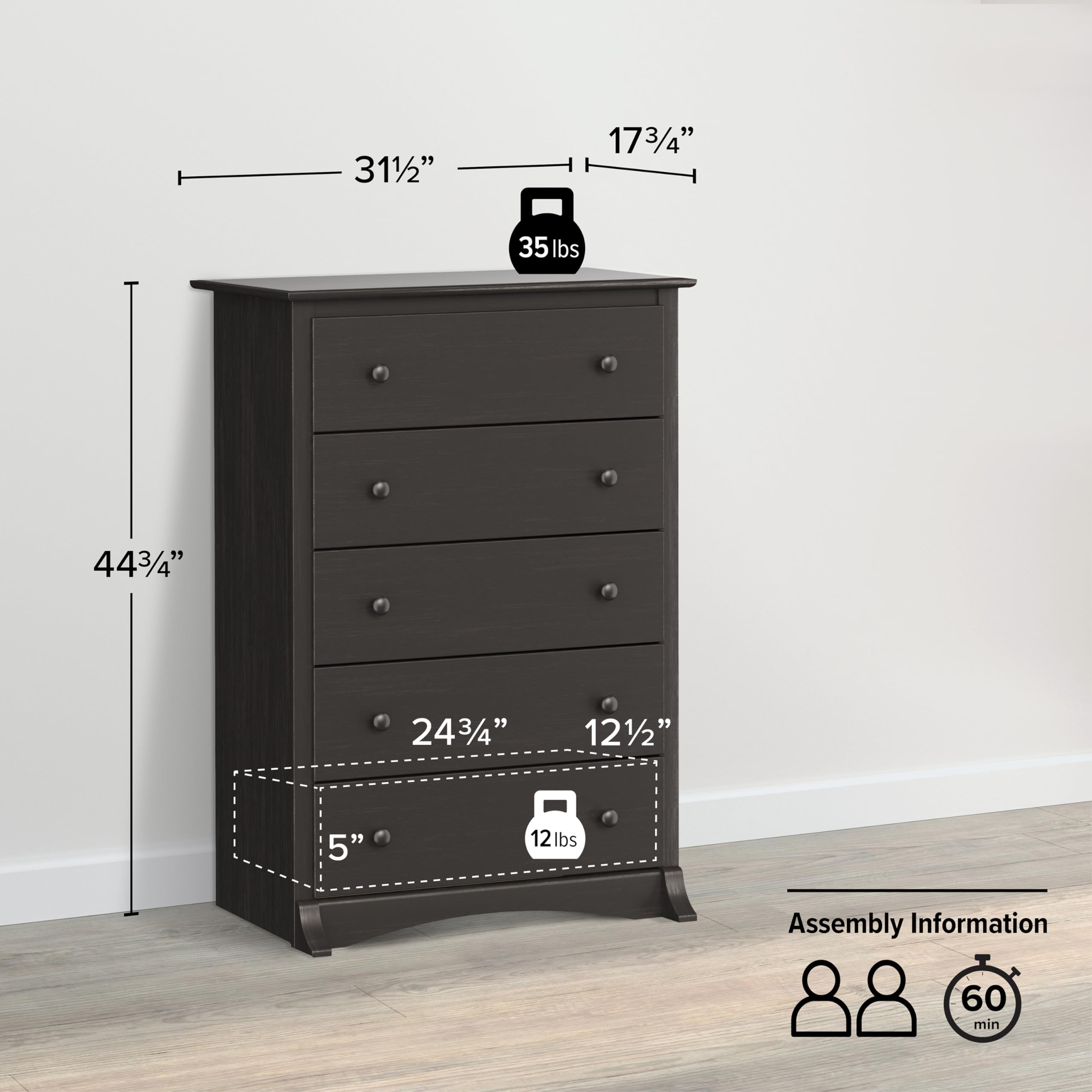 Prepac Sonoma Traditional 5-Drawer Tall Dresser - Bedroom Storage Furniture with 17.75
