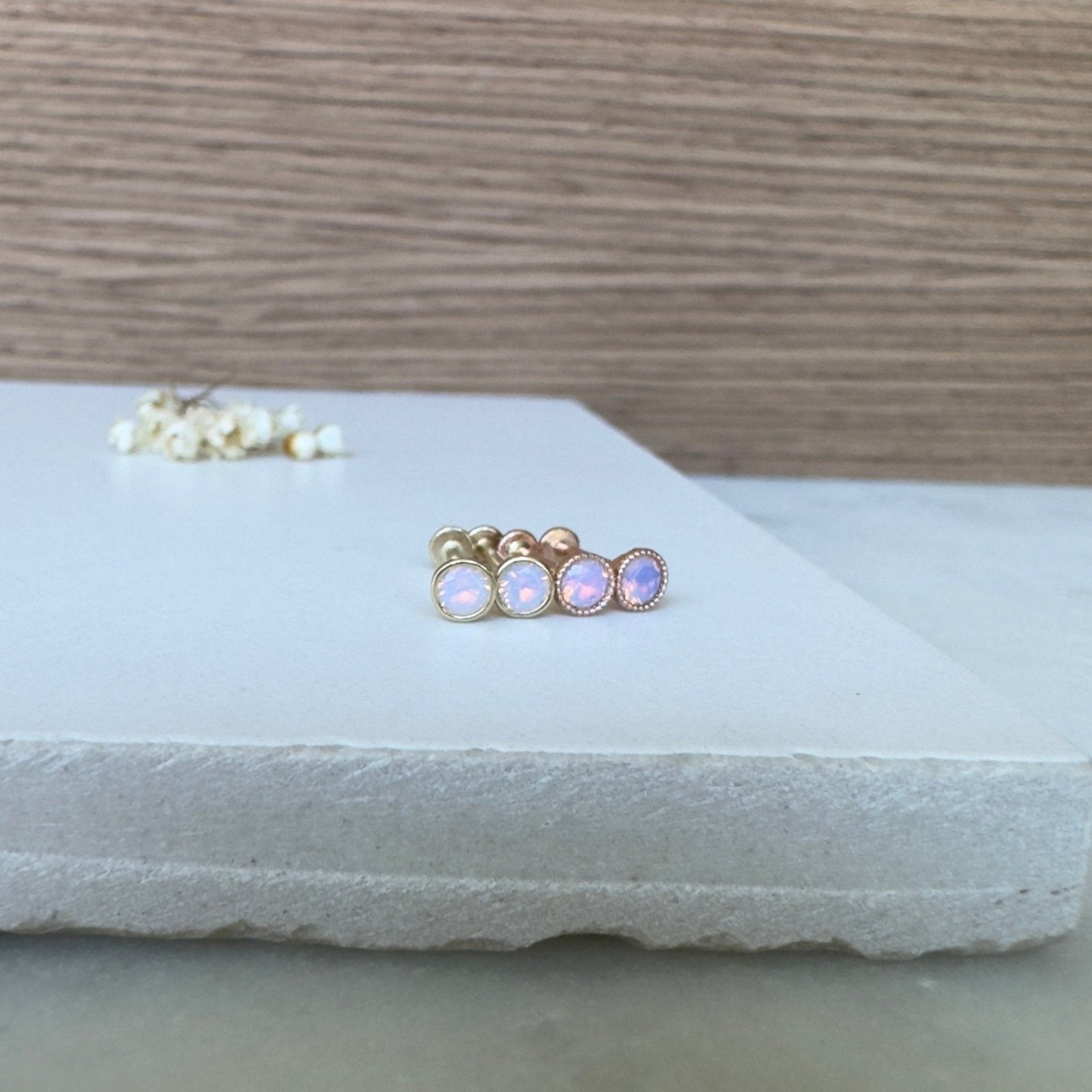 14k Yellow Gold Pink Opal Flat Back Stud Earrings with Milgrain Detail - Perfect for Everyday Wear, Gift Giving & Special Occasions