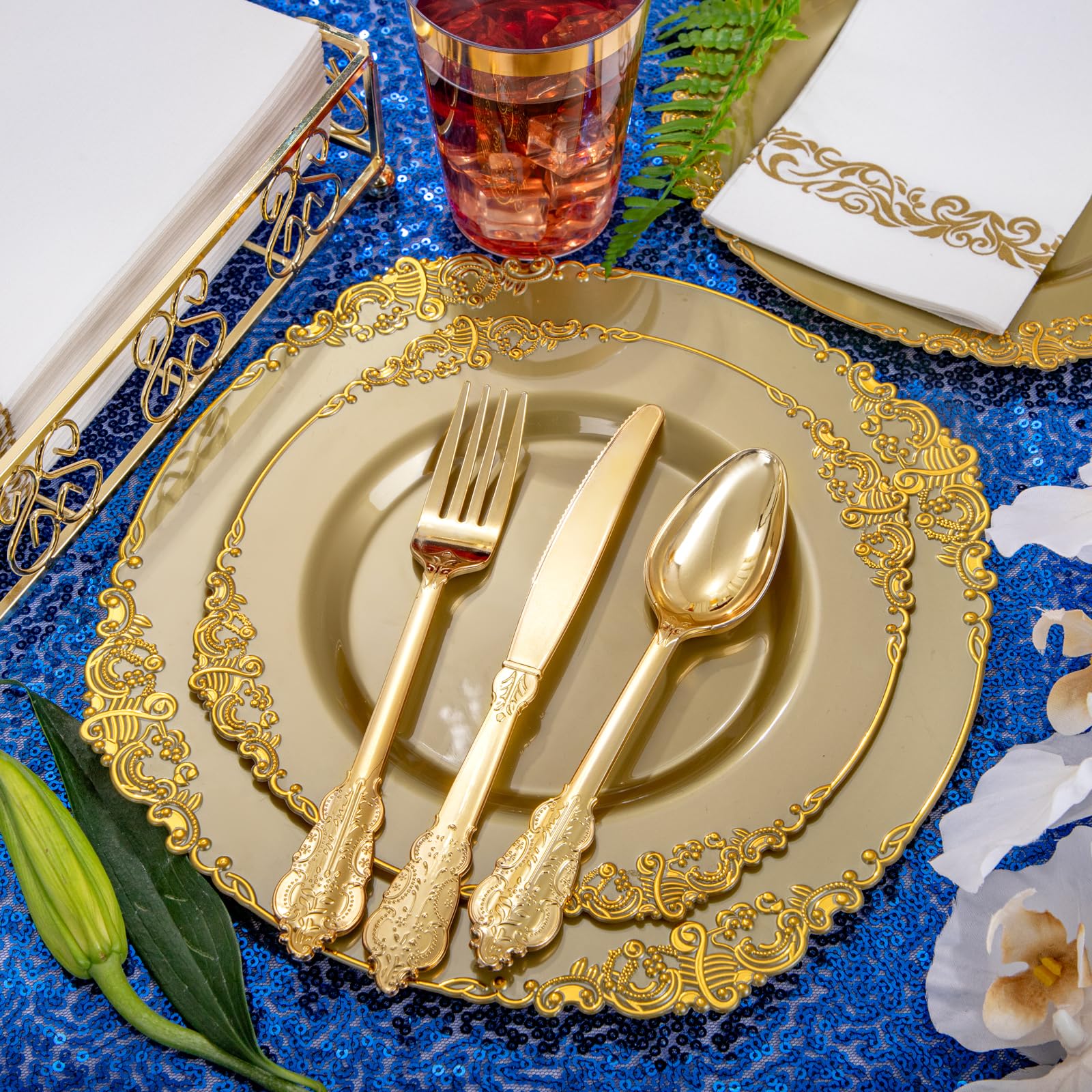 Morejoy 175PCS Elegant Gold Plastic Plates Set with Gold Rim - Disposable Dinnerware Includes 25 Dinner Plates, 25 Dessert Plates, 25 Cutlery Sets, 25 Napkins - Perfect for Wedding, Birthday Party, Baby Shower & Holiday Celebrations