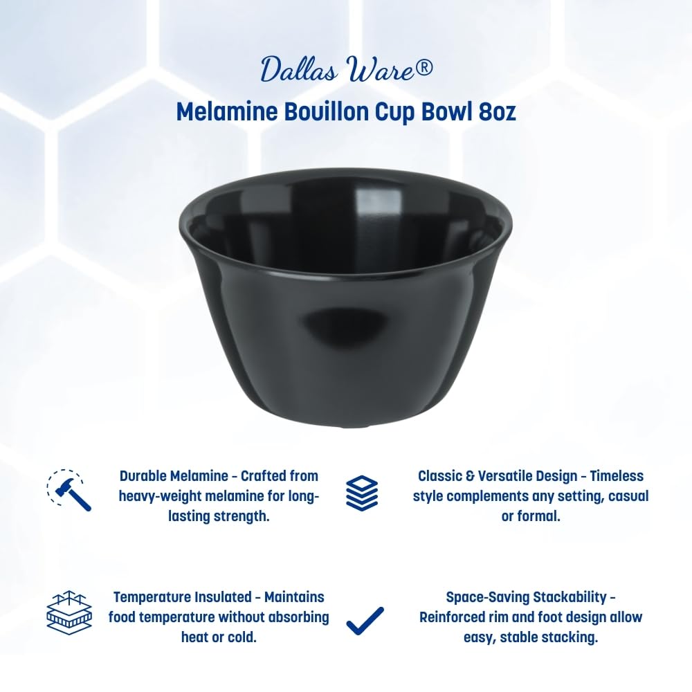 Dallas Ware Reusable Plastic Bowl - 8oz Melamine Bouillon Cup for Soups, Salads, Desserts - Durable & Dishwasher Safe - Ideal for Home, Restaurant & Catering Use - Pack of 24 (Black)