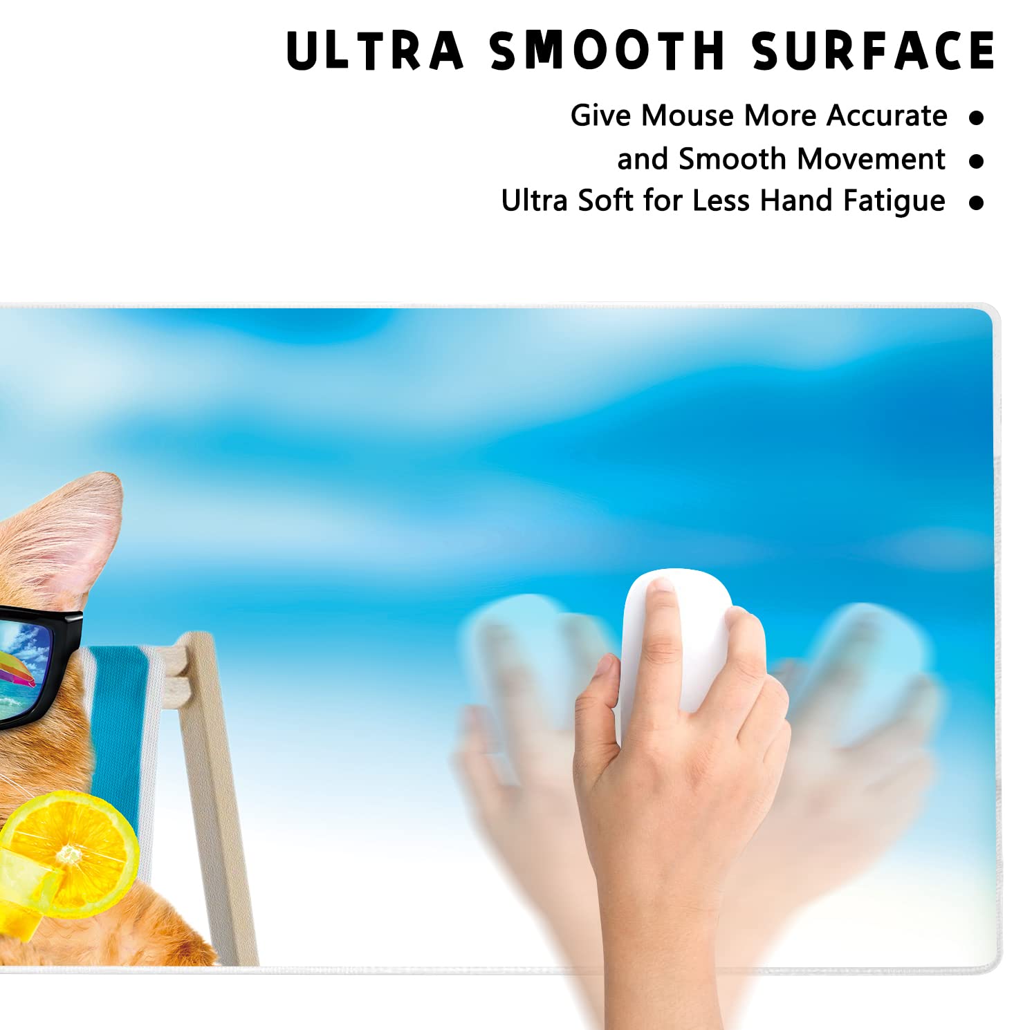 XXL Extended Gaming Mouse Pad - Non-Slip Rubber Base & Stitched Edges (35.4 x 15.7 Inch) Cute Cat on Beach Chair Design - Perfect for PC, Laptop, Office & Home Desk Setup - Ideal Gift for Gamers, Women, Girls & Men