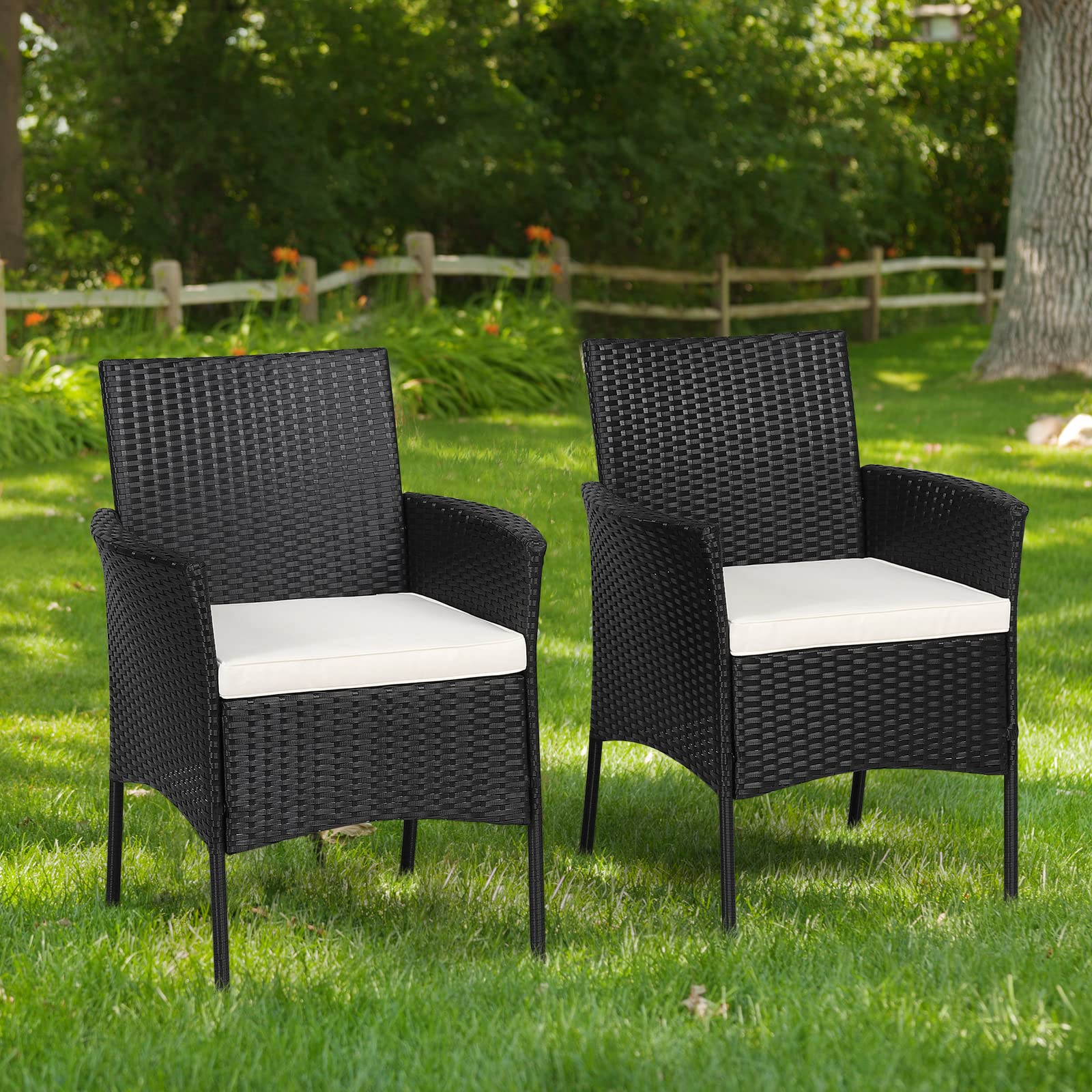 2PCS Rattan Patio Chair Set with Cushions & Armrests - Lightweight Outdoor Deck Chairs for Backyard, Balcony, Poolside, Garden - Easy Assembly & Weather-Resistant - Perfect for Relaxing, Sunbathing or Entertaining Guests