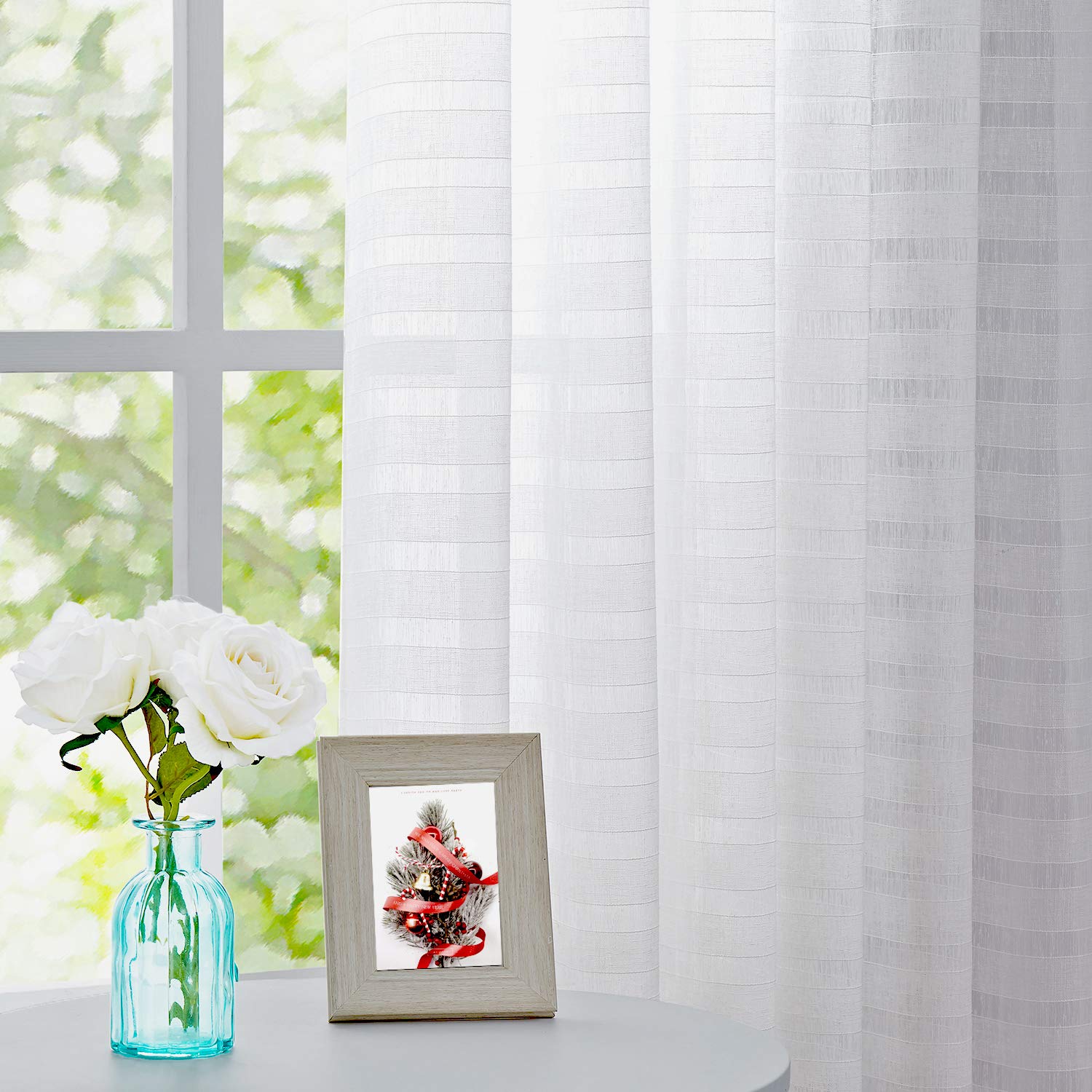 Fragrantex Off White Sheer Curtains 63 Inch - Light Filtering Linen Textured Horizontal Stripe Farmhouse Window Drapes with Grommet Top (40