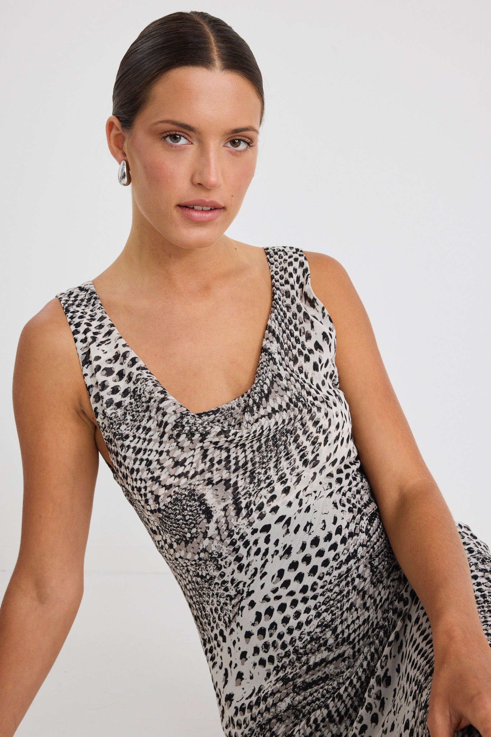 Allure Charcoal Snake Print Cowl Neck Bias Cut Slip Dress - Elegant Evening Wear for Parties, Dates & Special Occasions