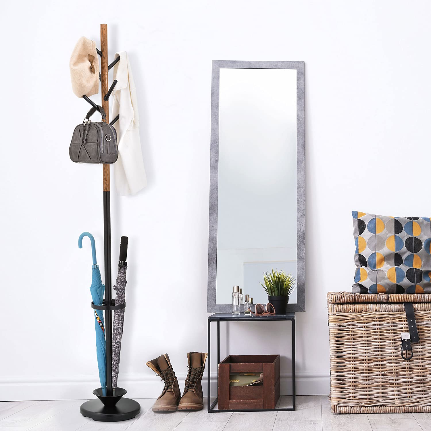 MyGift Freestanding Metal Coat Rack with 6 Wooden Hooks - Sturdy Entryway Organizer for Jackets, Hats & Umbrellas - Perfect for Hallway, Foyer or Mudroom Storage