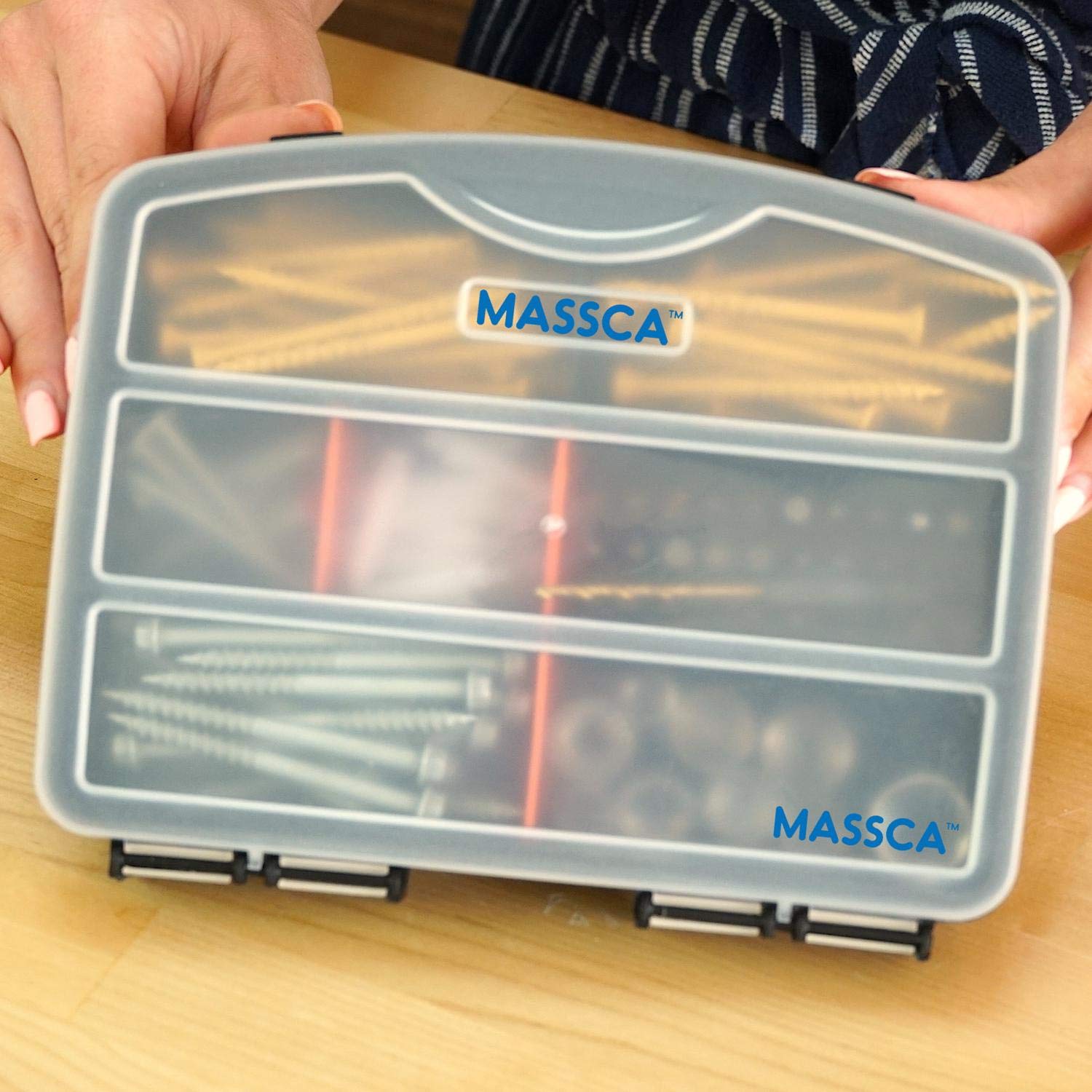 Massca 10-Compartment Screw Organizer Box - Heavy-Duty Plastic Hardware Storage for Nuts, Bolts, Screws & Small Parts - Slim Compact Design with Removable Dividers - Perfect for Toolboxes, Workshops & DIY Projects