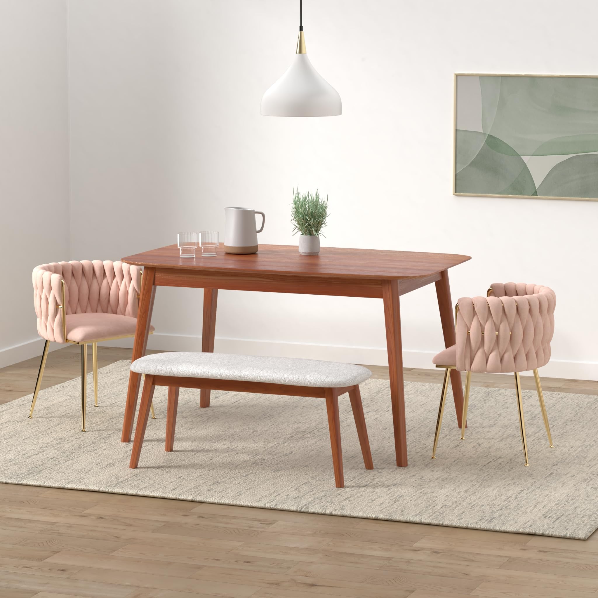 NIOIIKIT Modern Velvet Dining Chairs Set of 2 - Handwoven Upholstered Accent Chairs with Golden Metal Legs for Living Room, Dining Room, Kitchen & Vanity (Pink) - Perfect for Home Decor, Entertaining & Small Space Seating