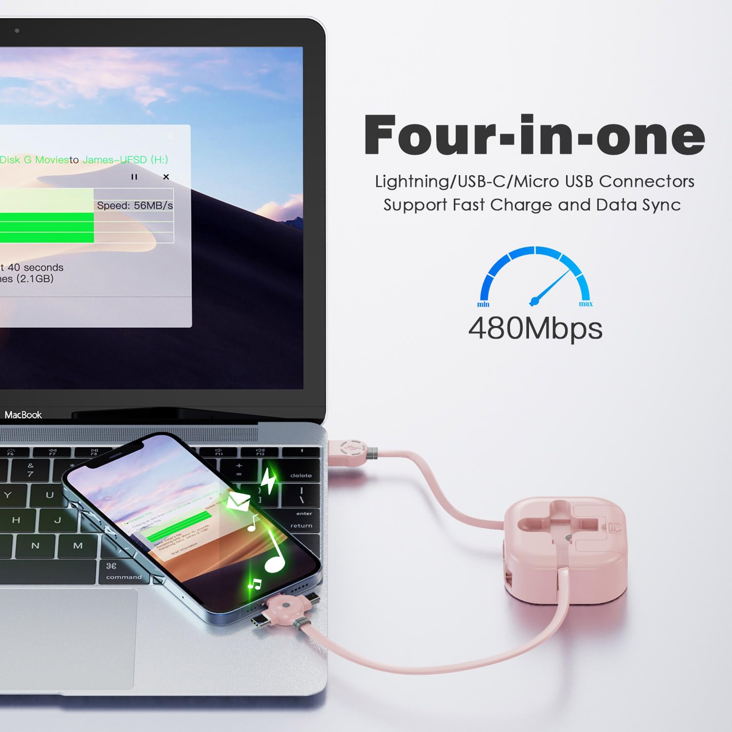 3-in-1 Retractable Multi Charging Cable (1.2m) - Fast Charging with Lightning/Type-C/Micro USB for iPhone, Android, iPad, Galaxy, PS4, Tablets - Perfect for Travel, Home & Office Use