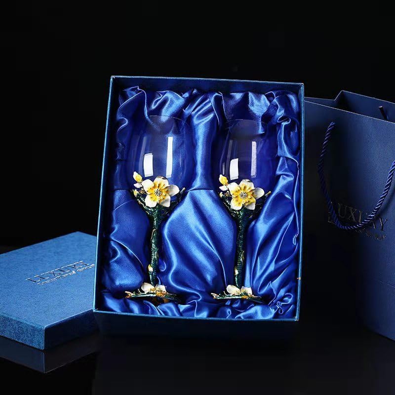 Handcrafted Clear Champagne Wine Glasses with Enamel Apricot Blossom Design - Golden (2-Piece Set in Gift Box) - Perfect for Weddings, Anniversaries & Romantic Dinners