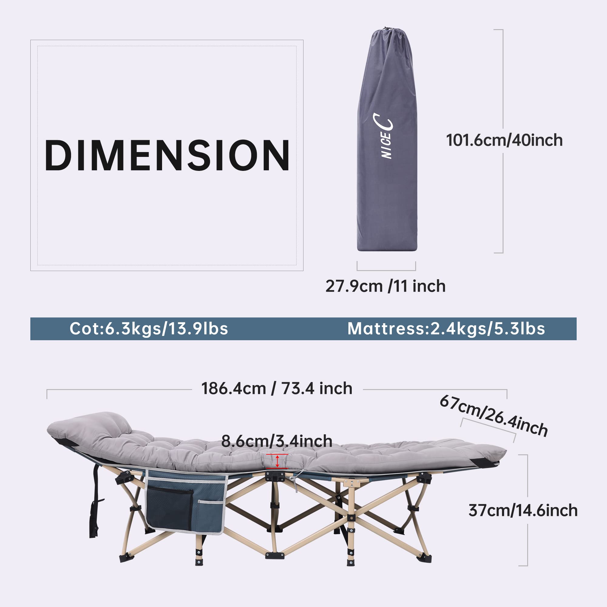 Premium Heated Camping Cot for Adults - Extra Wide Folding Cot with Mattress, Pillow & Storage Pocket - Supports 500 lbs - Navy Blue - Perfect for Outdoor Adventures, Hunting Trips & Emergency Preparedness