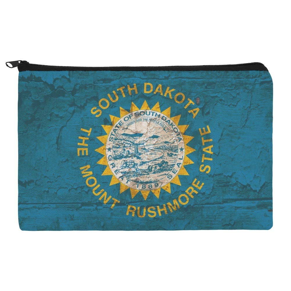 Vintage Distressed South Dakota State Flag Cosmetic Bag - USA Made Makeup Organizer Pouch for Travel & Daily Essentials Storage