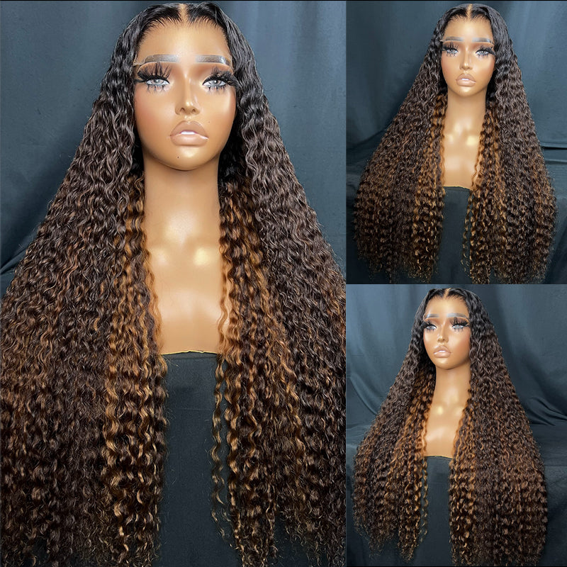 Eullair Brown with Honey Blonde Highlights Human Hair Wig - Glueless Kinky Curly Lace Frontal Wigs for Women | Perfect for Daily Wear, Parties & Special Occasions