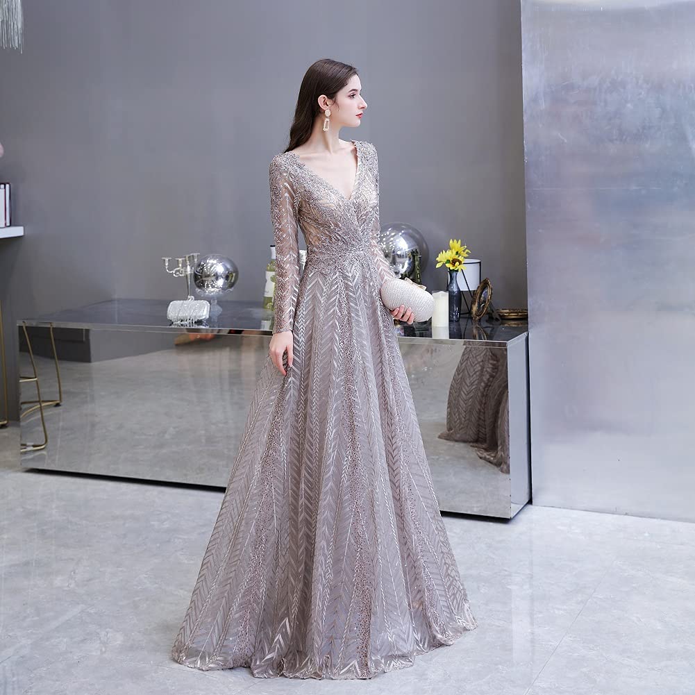 Elegant Long Sleeve Lace Evening Dress for Women - V Neck Crystal Beaded Formal Gown for Prom, Wedding, and Special Occasions