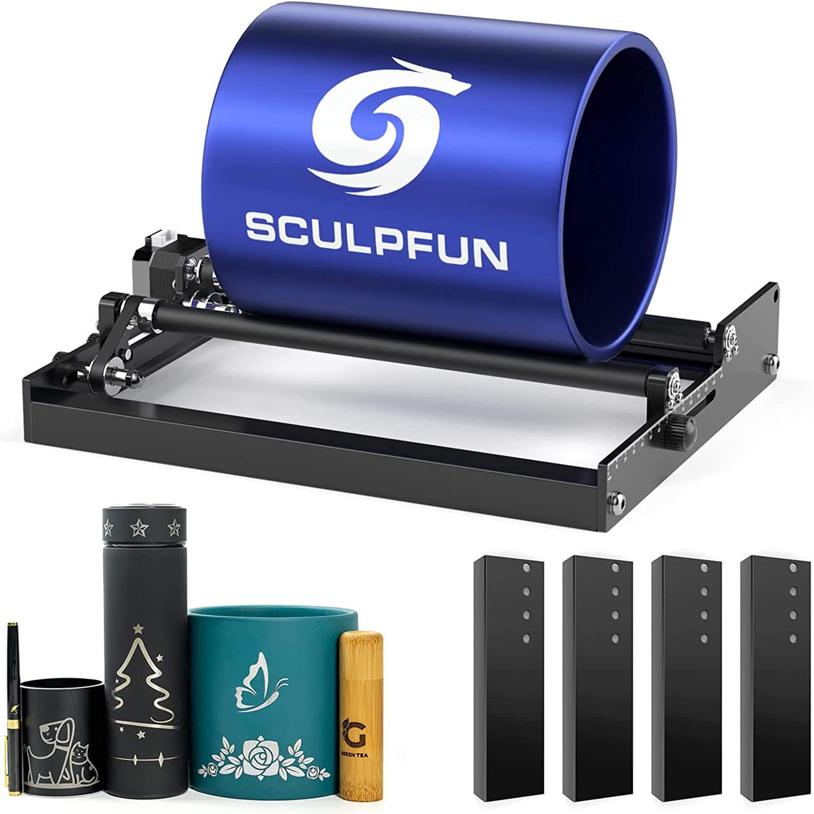 SCULPFUN 360° Laser Rotary Roller with 4 Adjustable Feet - Y-axis Rotating Roller for Laser Engraving Cylindrical Objects, Cans, Glass Bottles - Perfect for DIY Crafts, Personalized Gifts & Home Decor Projects (Laser Engraver Accessory Kit)