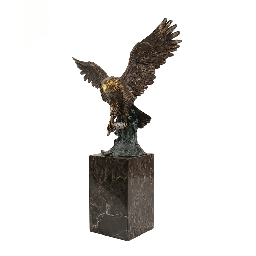 Bronze Eagle Catching Fish Statue - Handcrafted Falcon Hawk Sculpture Figurine for Home & Office Decor - Perfect for Bookshelf, Desk, or Gift