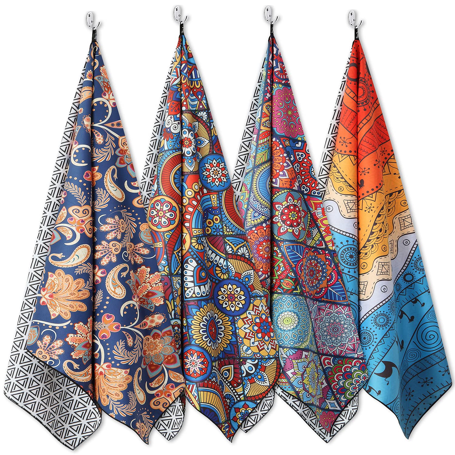Premium 4-Pack Oversized Microfiber Beach Towels Set (60x30 Inch) - Quick Dry, Ultra Soft & Large Beach Blankets for Pool, Sand & Travel - Marrakesh, Mandala Diamond, Mandala Square, Paisley Blue Designs