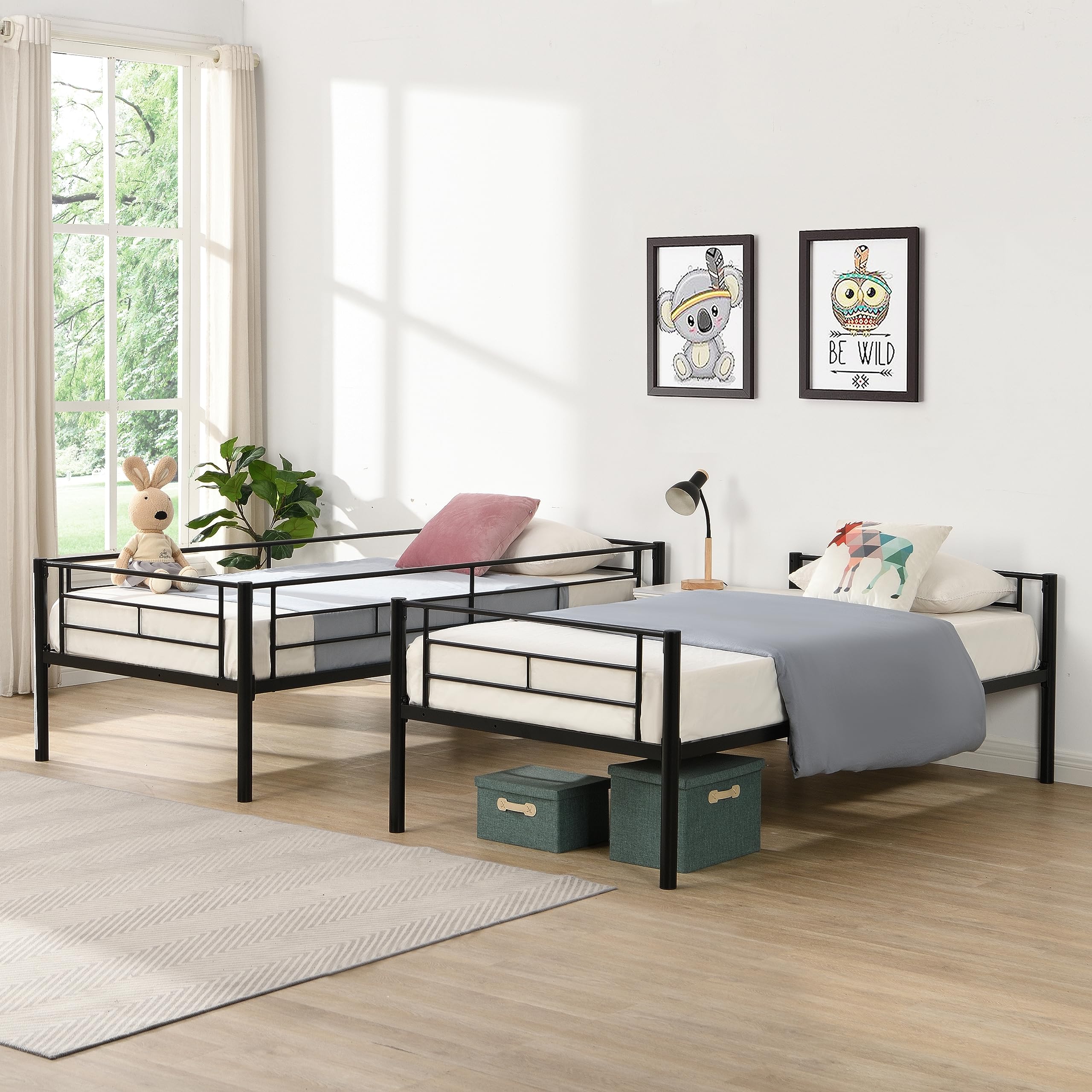 Yehha Sturdy Metal Bunk Bed for Kids & Teens - Twin Over Twin Bunk Bed Frame with 2 Ladders & Full-Length Safety Guardrail - No Box Spring Required - Quiet & Convertible to 2 Separate Beds - Youth Black - Perfect for Kids' Bedrooms, Dormitories & Space-Saving Small Rooms