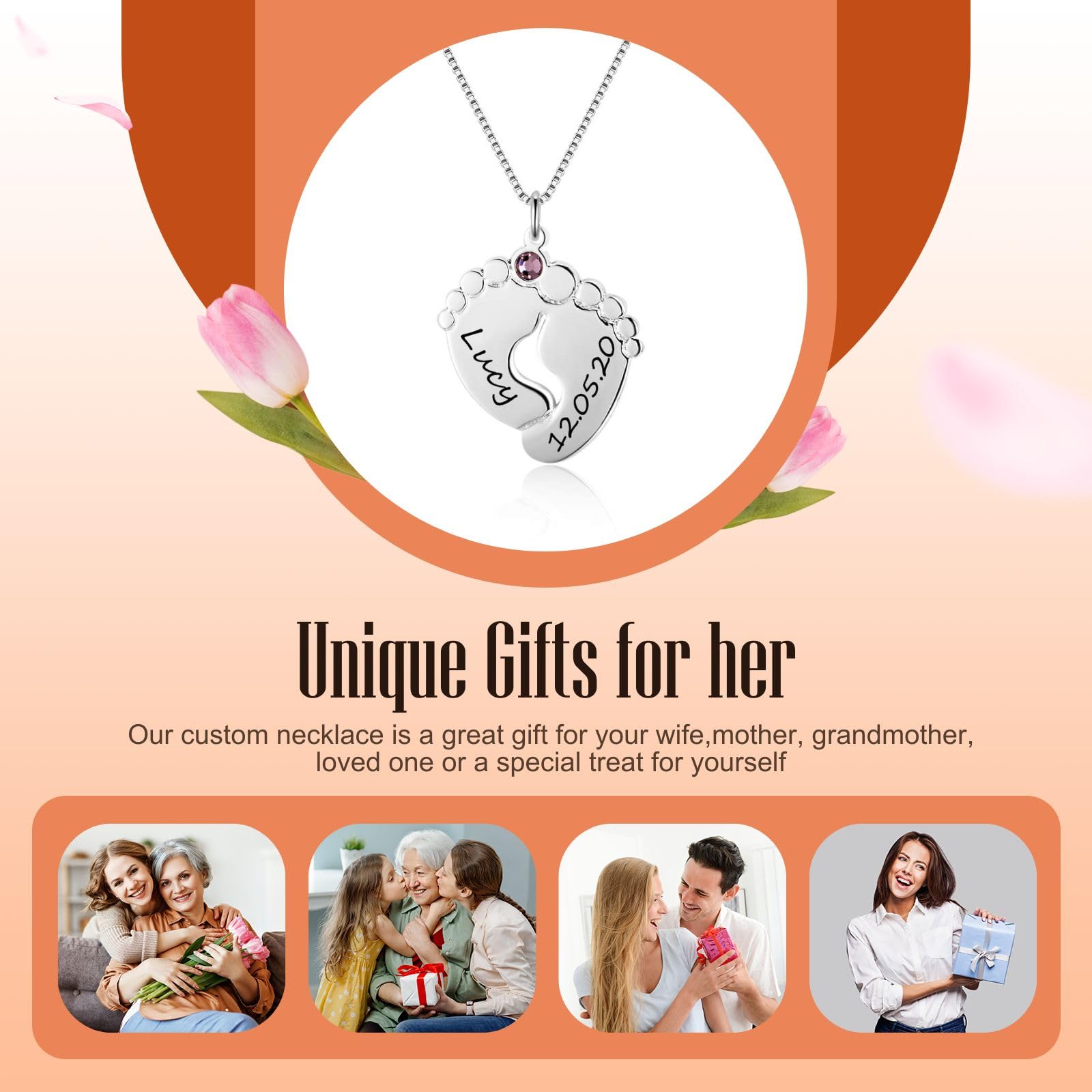 LanM Personalized Birthstone Necklace for Mom - Custom Feet Pendant Mother's Jewelry, Christmas Gift for Mom, Grandma & New Mothers | Perfect for Mother's Day, Birthday & Anniversary Gifts