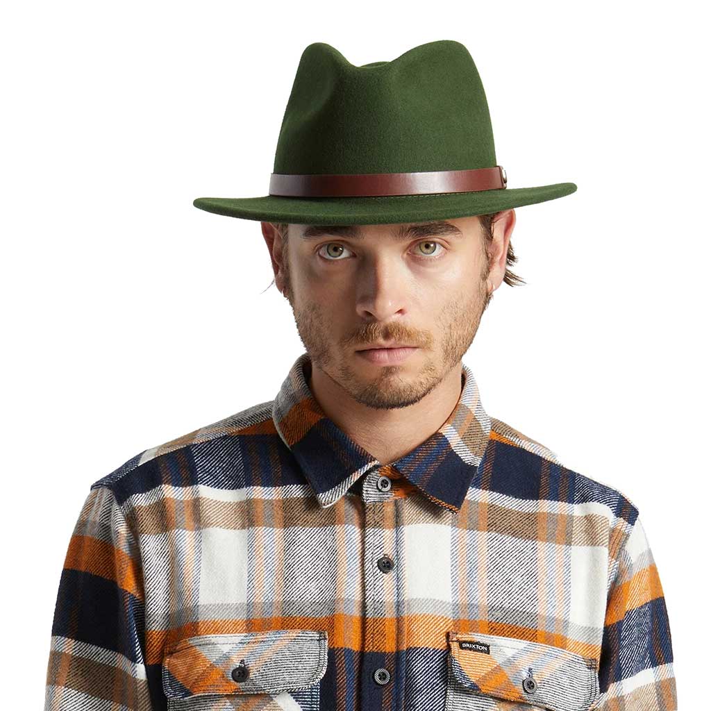 Brixton Messer Fedora Hat for Men - Classic Moss Green Wool Felt Fedora - Perfect for Outdoor Adventures, Casual Wear & Special Occasions