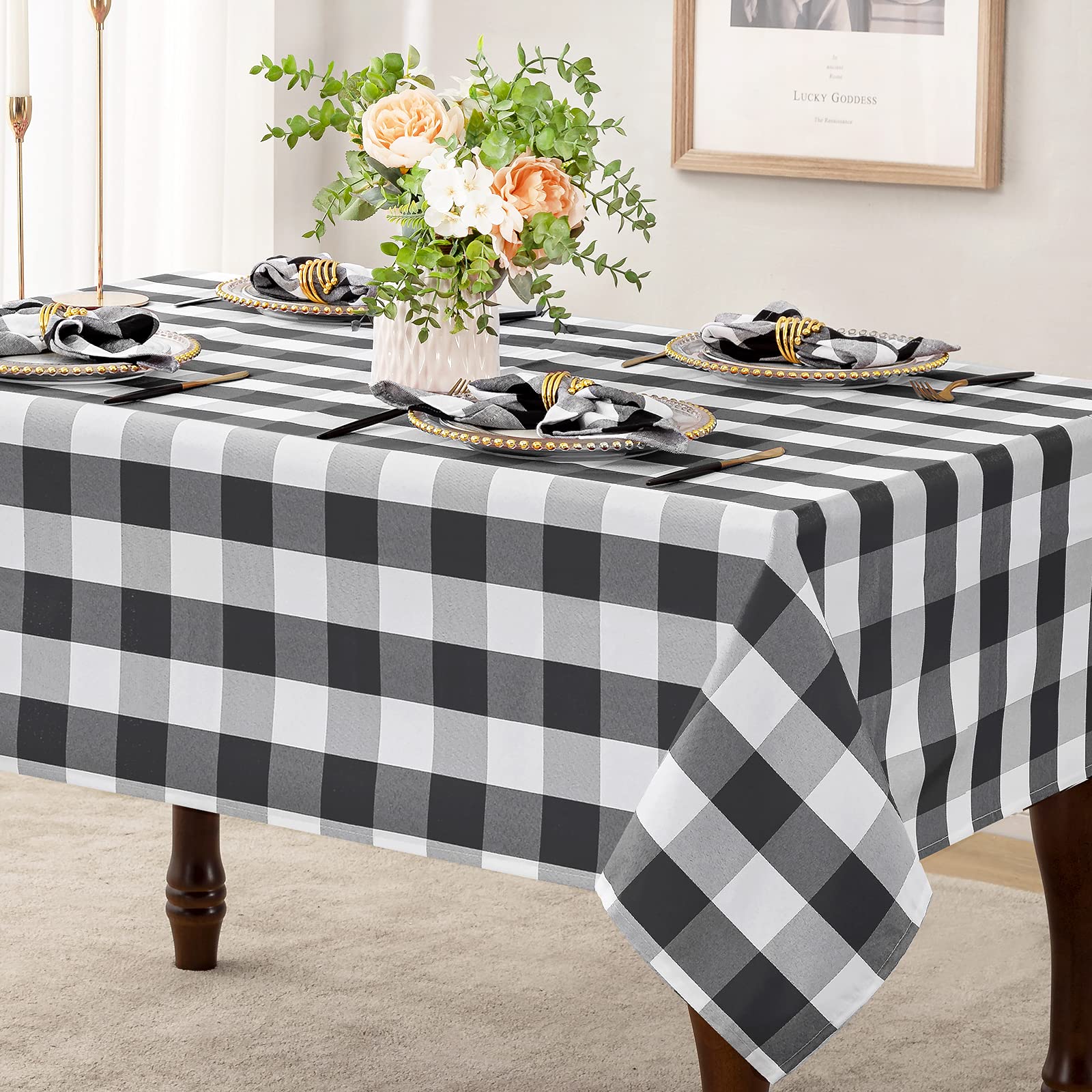 Joybest Buffalo Plaid Checkered Tablecloth - Wrinkle Resistant Waterproof Table Cover for Picnic, Dinner, Party & Outdoor Events - Heavy Duty Gingham Washable Polyester Fabric (52x70 Inch) Grey & White - Perfect for Holiday Decor, BBQ, Camping & Family Gatherings