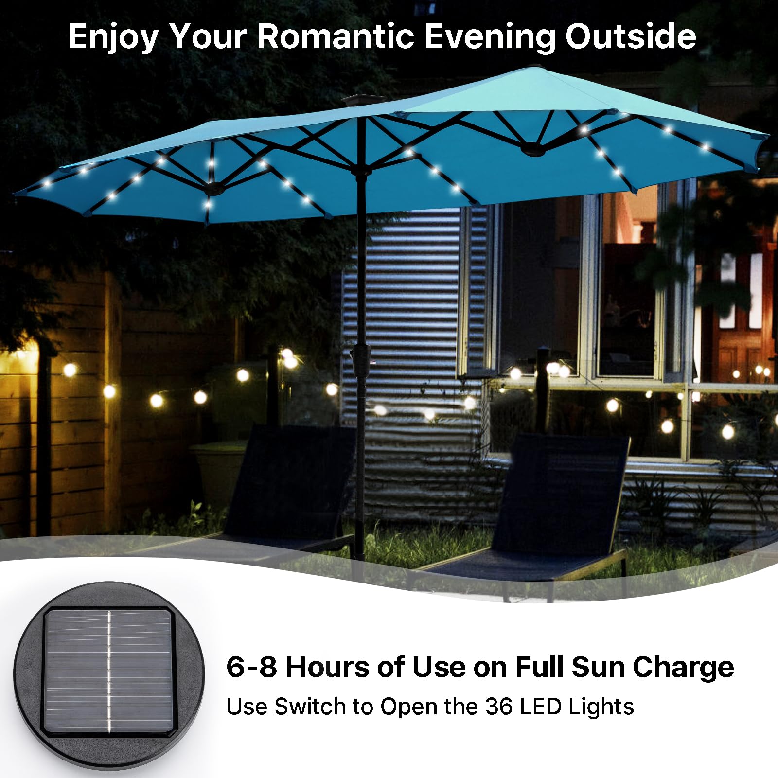 FREE SOLDIER 13ft Solar LED Patio Umbrella with 36 Lights - Double Sided Outdoor Sun Shade for Garden, Yard, Poolside - Perfect for Dining, Lounging & Outdoor Entertaining (Turquoise)