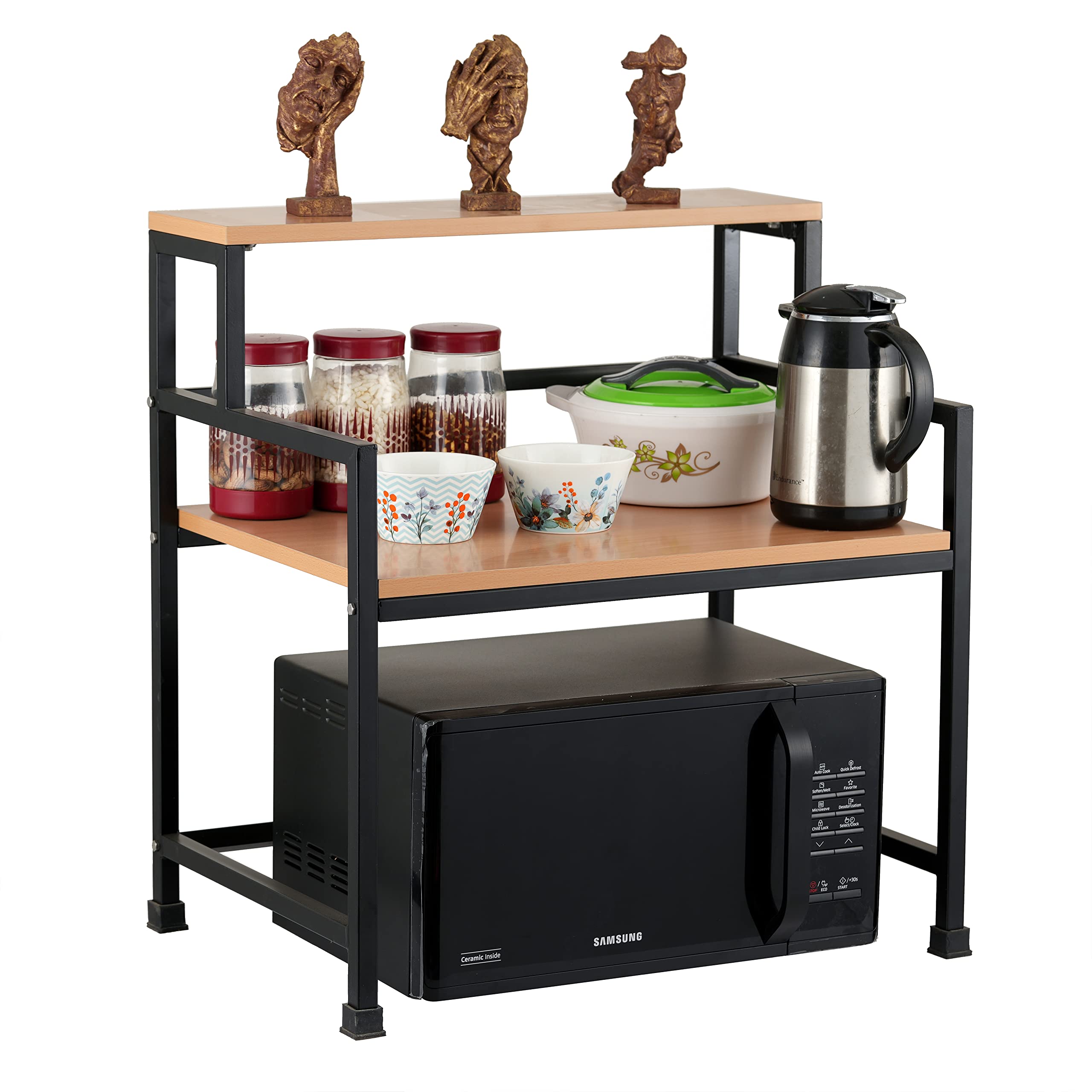 3-Tier Microwave Oven Stand with Storage Shelf - Premium MDF & Steel Kitchen Organizer Rack (60x43cm, Bavarian Beech/Black) - Perfect for Small Kitchens, Apartments & Dorm Rooms - Made in India