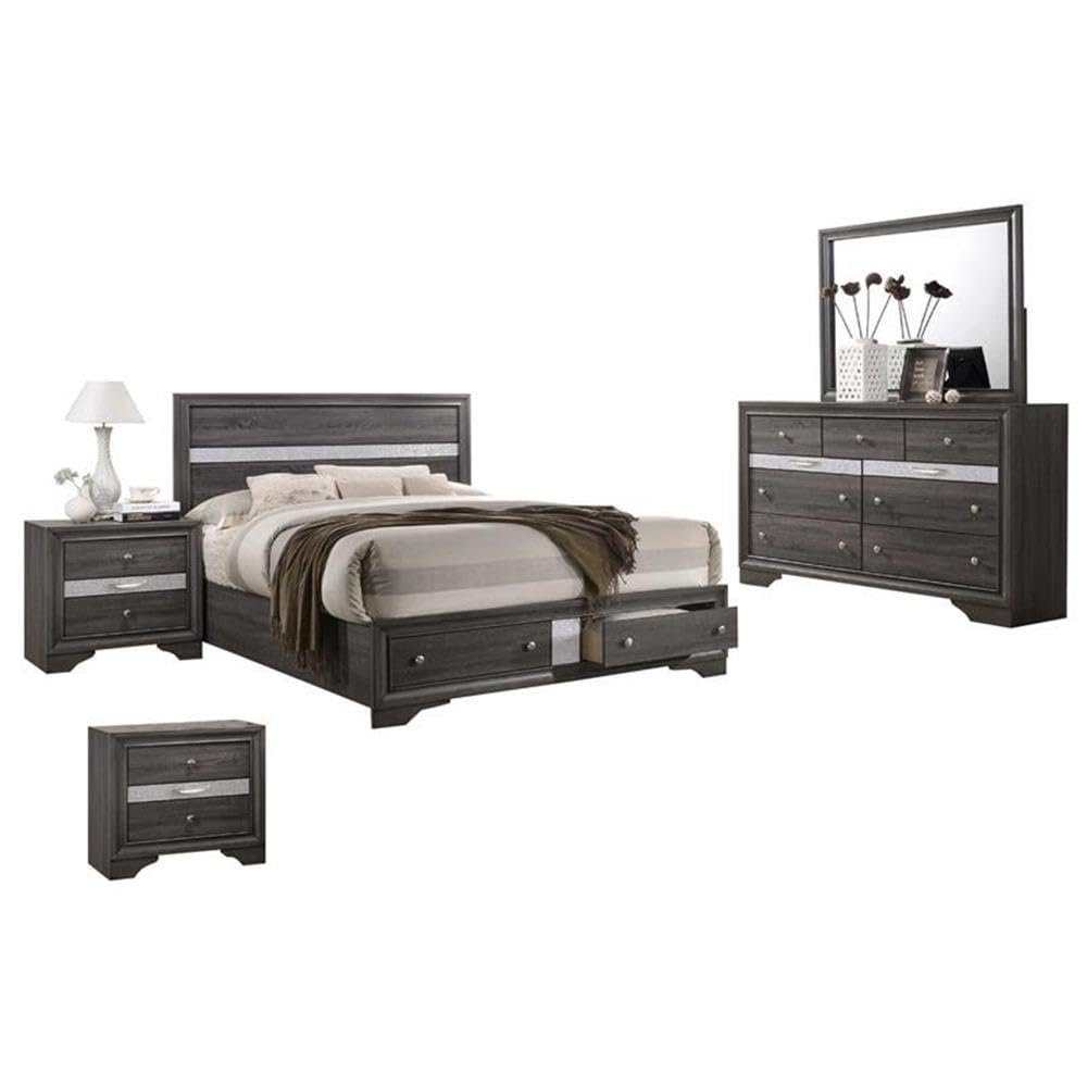 Premium DAV-EK4N 5-Piece Wooden Bedroom Furniture Set in Elegant Gray - Modern Bed Frame, Nightstand & Dresser for Cozy Master Bedroom Decor