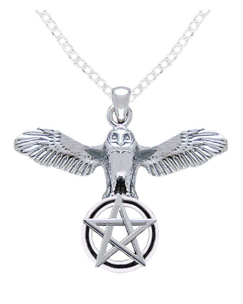 0.925 Sterling Silver Flying Owl Pentagram Wiccan Pendant Necklace - Witchcraft, Pagan Jewelry for Women & Men - Perfect for Rituals, Spellwork & Gothic Fashion