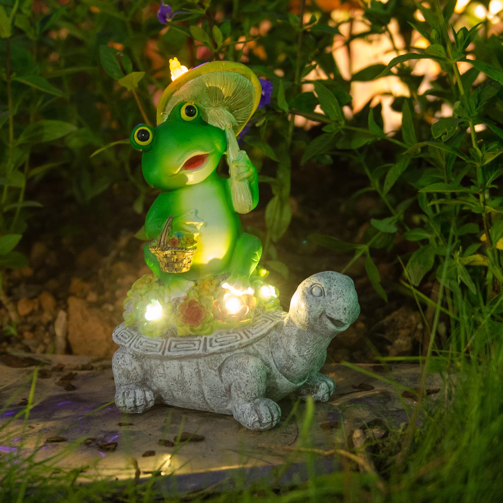 Solar-Powered Turtle & Frog Garden Statue with Mushroom Lights - Outdoor Lawn Decor for Patio, Porch & Yard - Unique Birthday Gift for Men & Women - Perfect for Garden, Pathway & Backyard Lighting