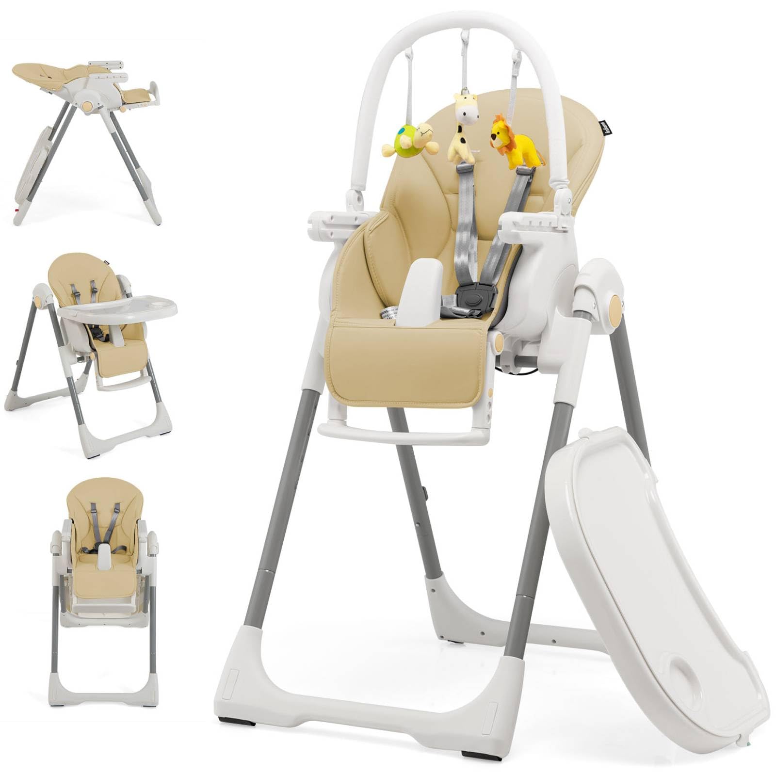 Maxmass 4-in-1 Foldable Baby High Chair with 5-Point Safety Harness, Removable Dual Tray & Cushion - Adjustable Infant Feeding Seat with Toy Bar & Wheels for Toddlers 6-36 Months (Beige) | Perfect for Dining, Playtime & Travel