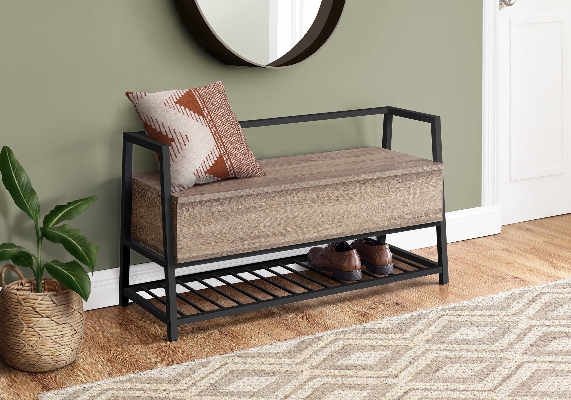 42L Dark Taupe Storage Bench with Black Metal Frame - Perfect for Entryway, Living Room, or Bedroom Organization