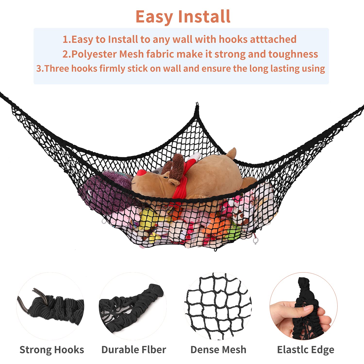 LXUNYI 84-Inch Large Mesh Toy Hammock - Stuffed Animal Storage Net Organizer for Kids' Bedroom, Wall Corner Space Saver | Perfect for Plush Toys, Stuffed Animals & Kids Room Decor (Black)