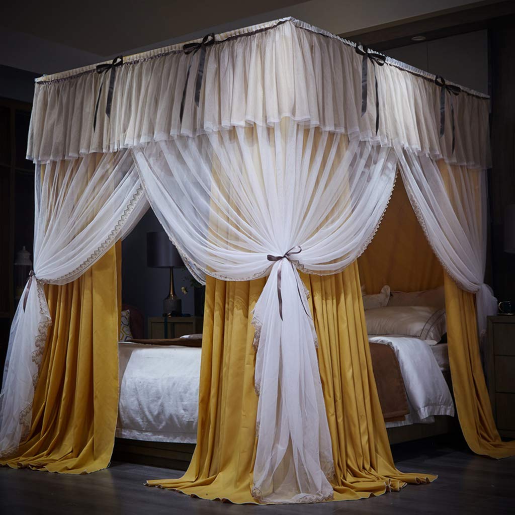 SCMTY 70% Blackout Princess Bed Canopy with Mosquito Net - 4 Corner Post Design for Girls, Women & Boys - Decorative Shading for Full/Queen/Cal King Beds (Yellow, No Frame, California King) - Perfect for Bedroom Decor, Kids' Rooms & Summer Mosquito Protection