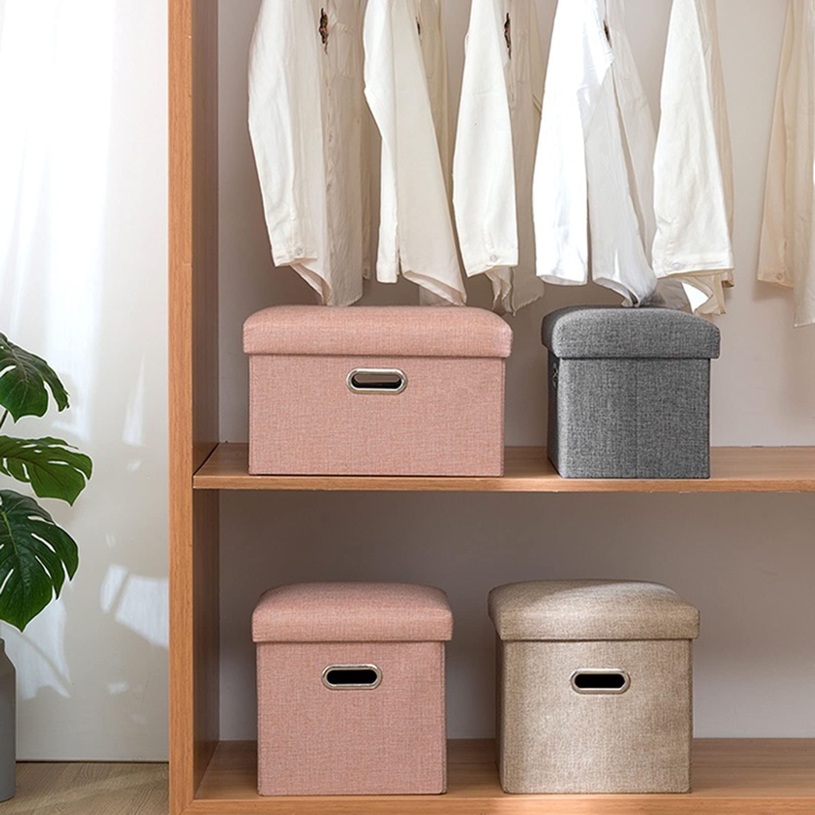 Cube Storage Stool - Foldable Ottoman Seat with Hidden Storage | Multi-Purpose Living Room Sofa Stool & Shoe Bench | Space-Saving Beige Footrest for Small Spaces | Perfect for Living Room, Bedroom & Entryway Organization