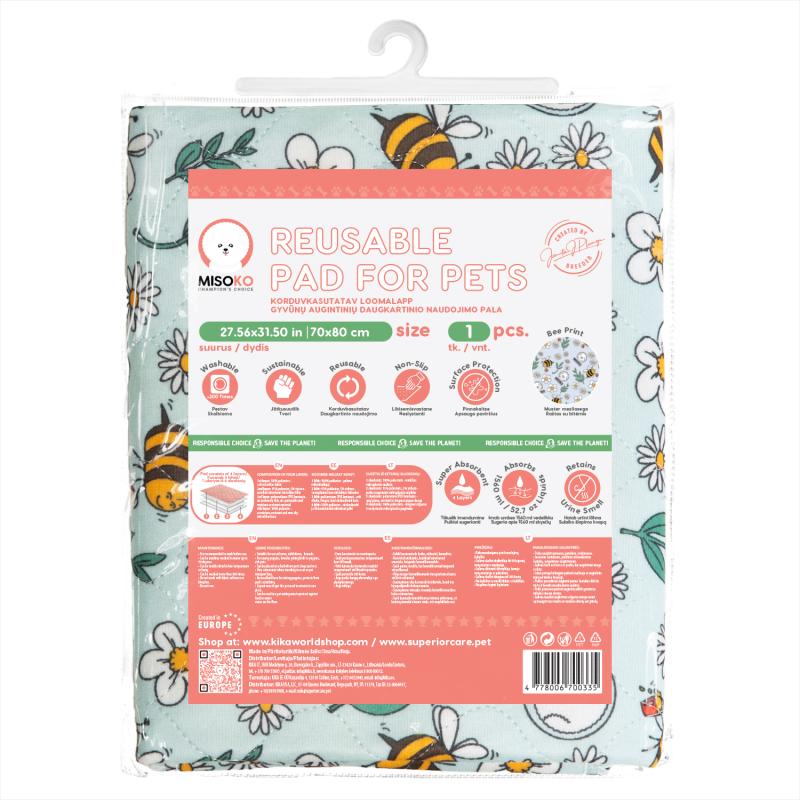 Misoko Reusable Pet Pads - Washable & Absorbent Dog & Cat Pee Pads with Bees Print, Blue Color, 1 Pack - Perfect for Puppy Training, Crate Lining & Travel Use